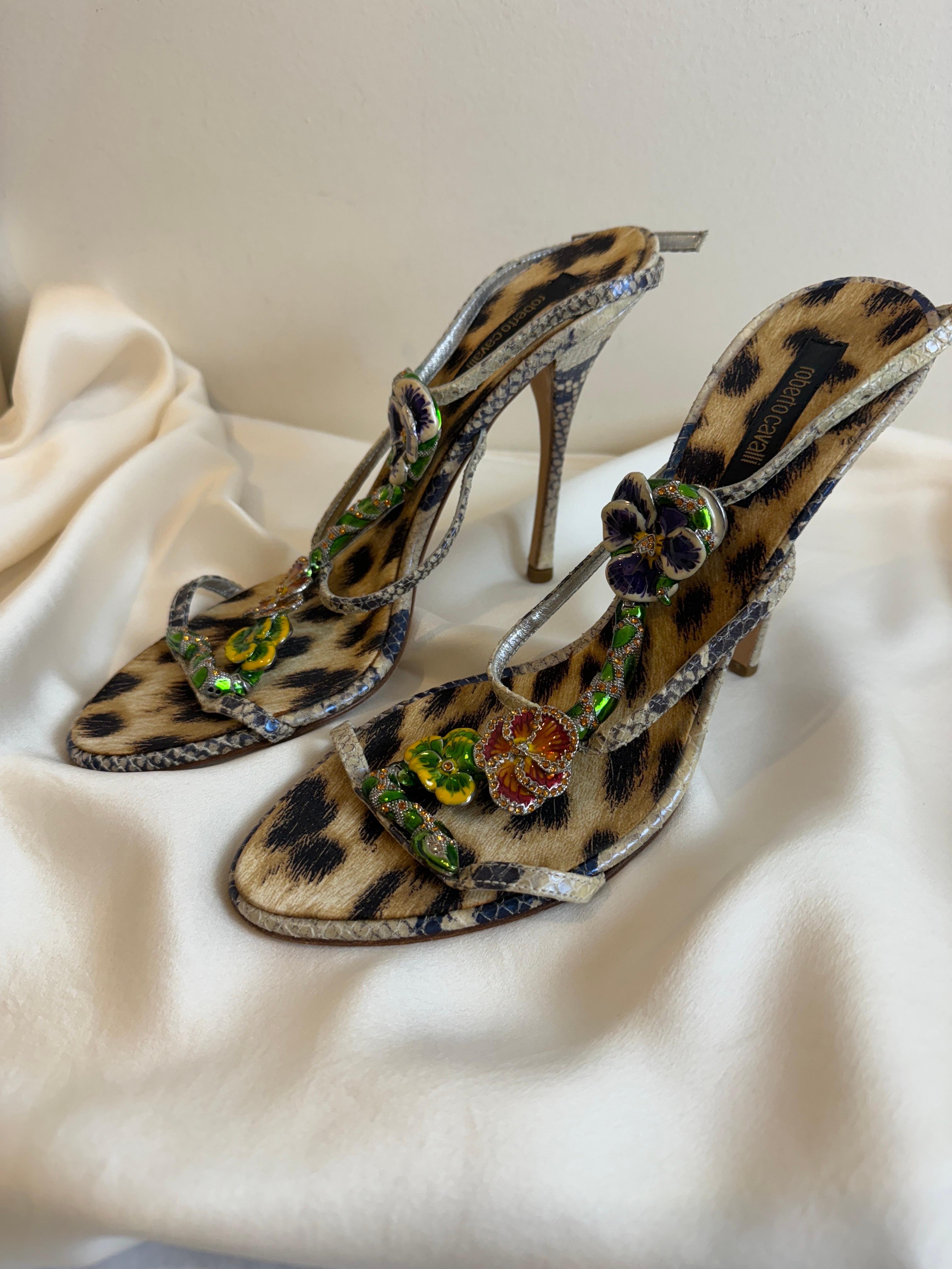 Women's Vintage 2000s Roberto Cavalli Snake + Flower Enamel Rhinestone Heels Shoes