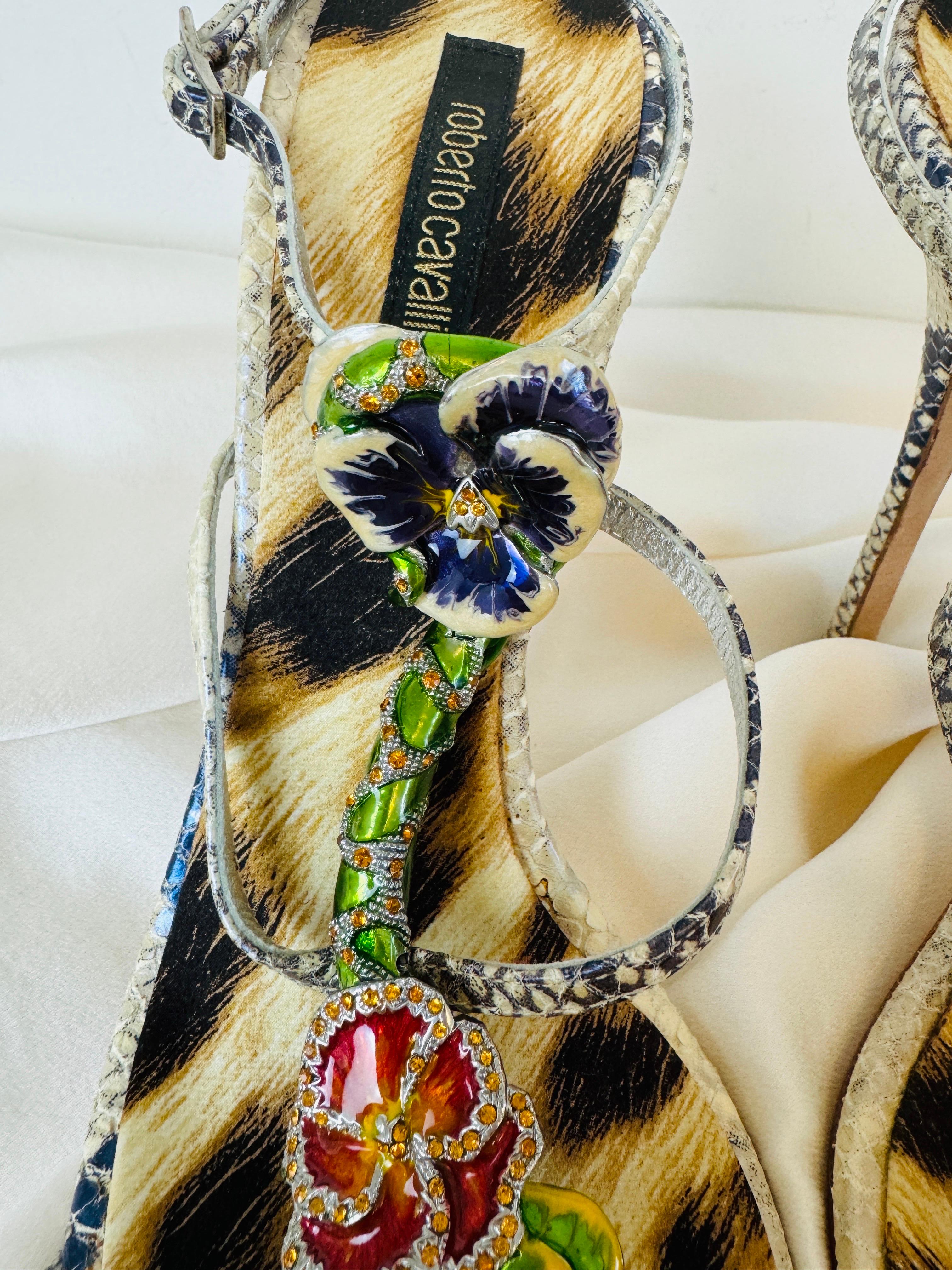 Vintage 2000s Roberto Cavalli Snake + Flower Enamel Rhinestone Heels Shoes 1