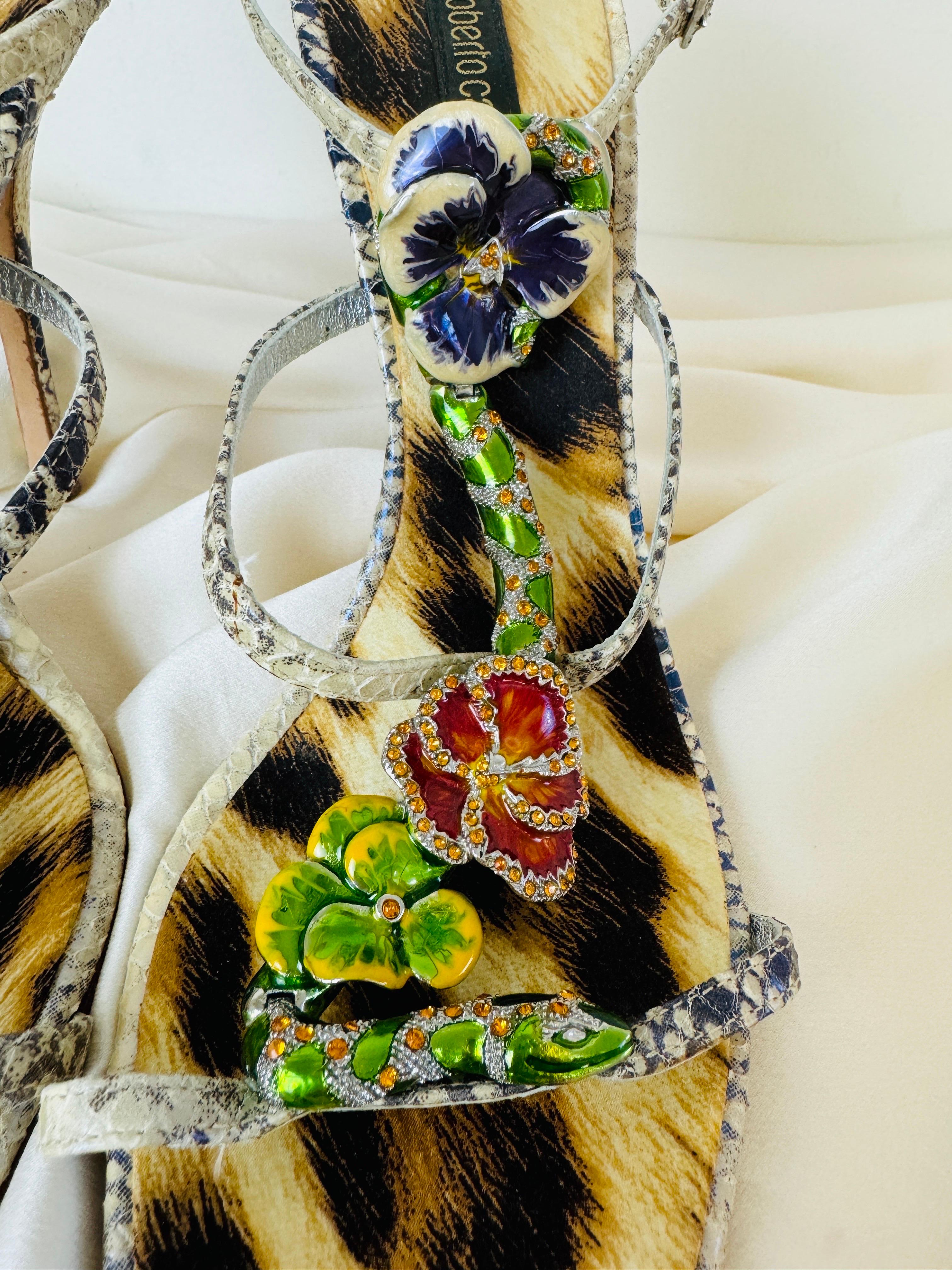 Vintage 2000s Roberto Cavalli Snake + Flower Enamel Rhinestone Heels Shoes 2