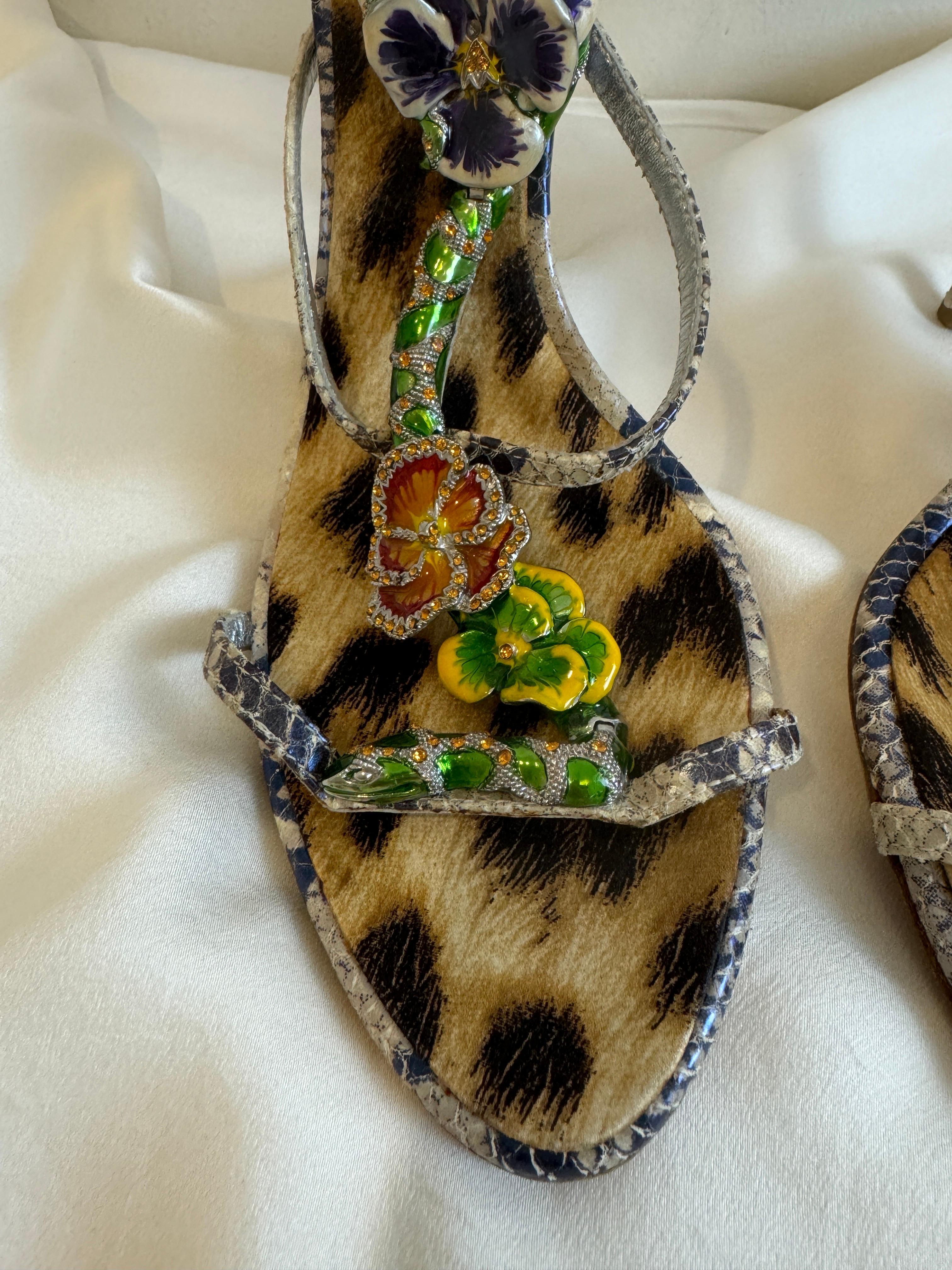 Vintage 2000s Roberto Cavalli Snake + Flower Enamel Rhinestone Heels Shoes 2