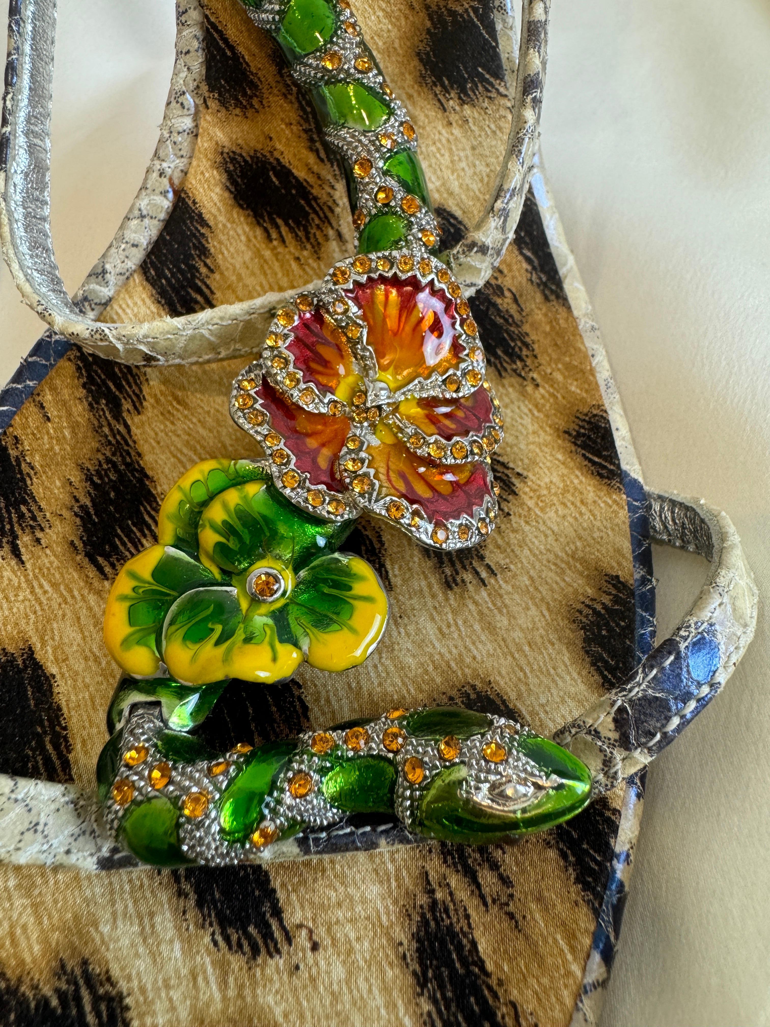 Vintage 2000s Roberto Cavalli Snake + Flower Enamel Rhinestone Heels Shoes 3