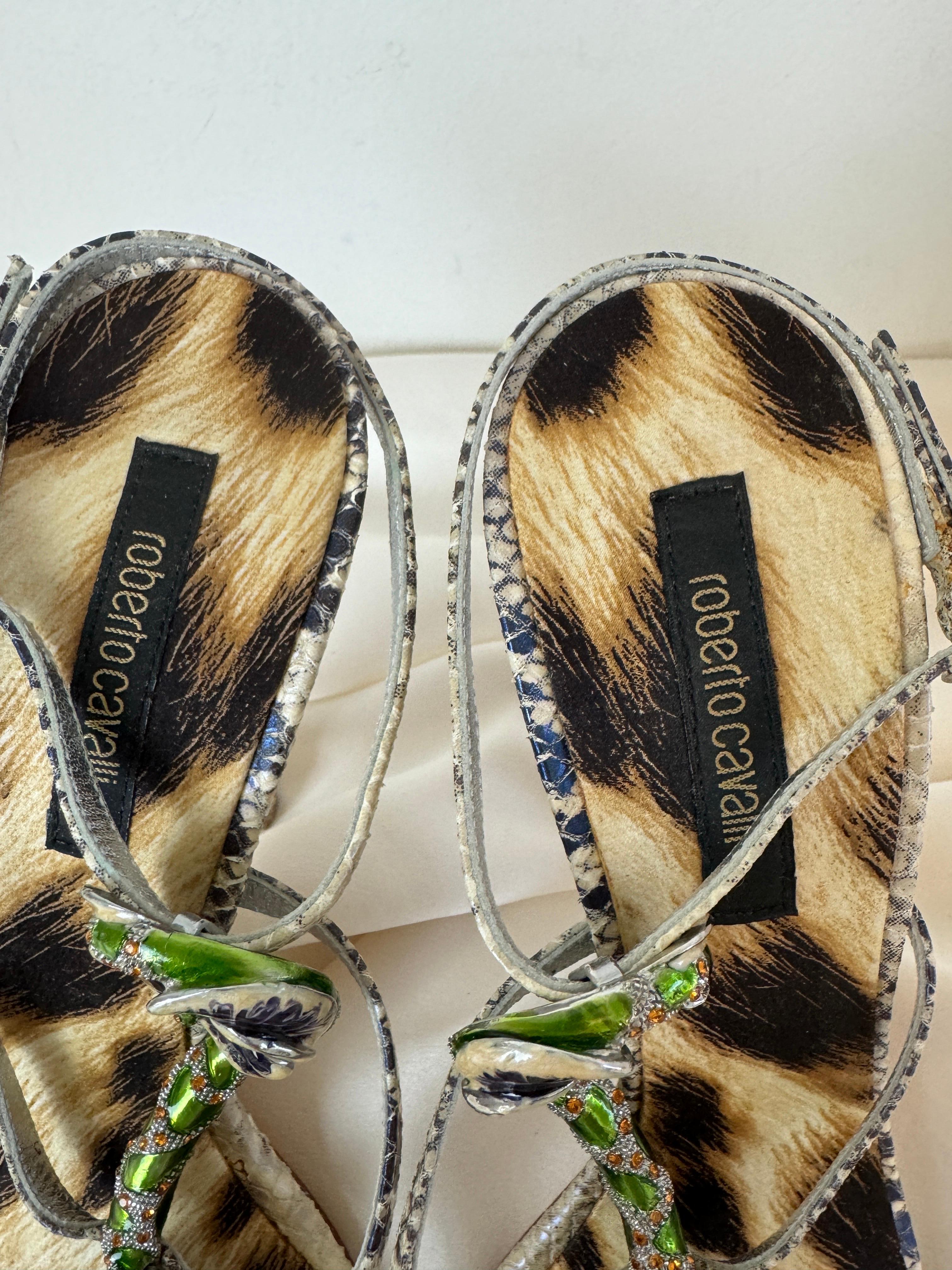 Vintage 2000s Roberto Cavalli Snake + Flower Enamel Rhinestone Heels Shoes 3