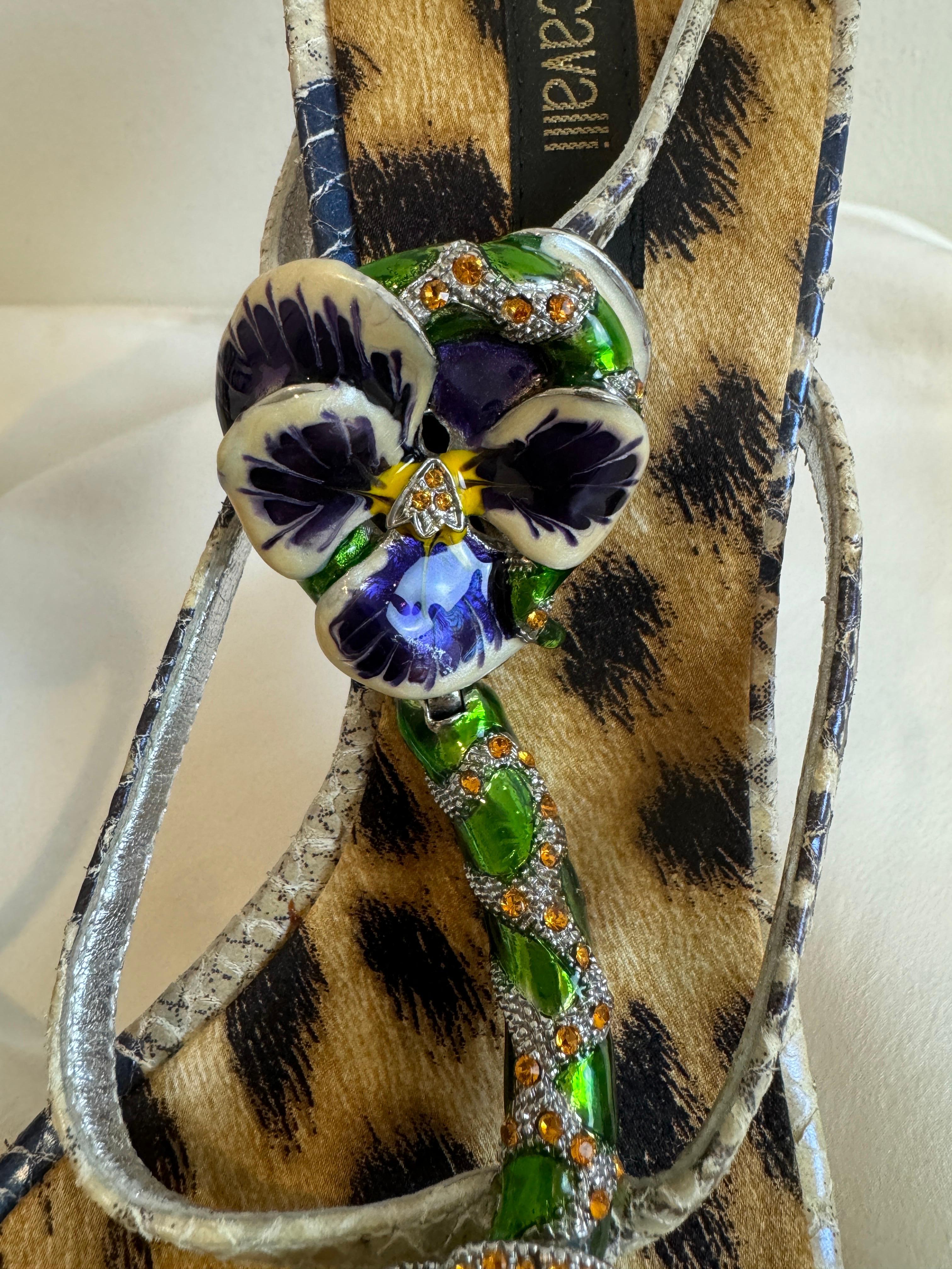 Vintage 2000s Roberto Cavalli Snake + Flower Enamel Rhinestone Heels Shoes 4