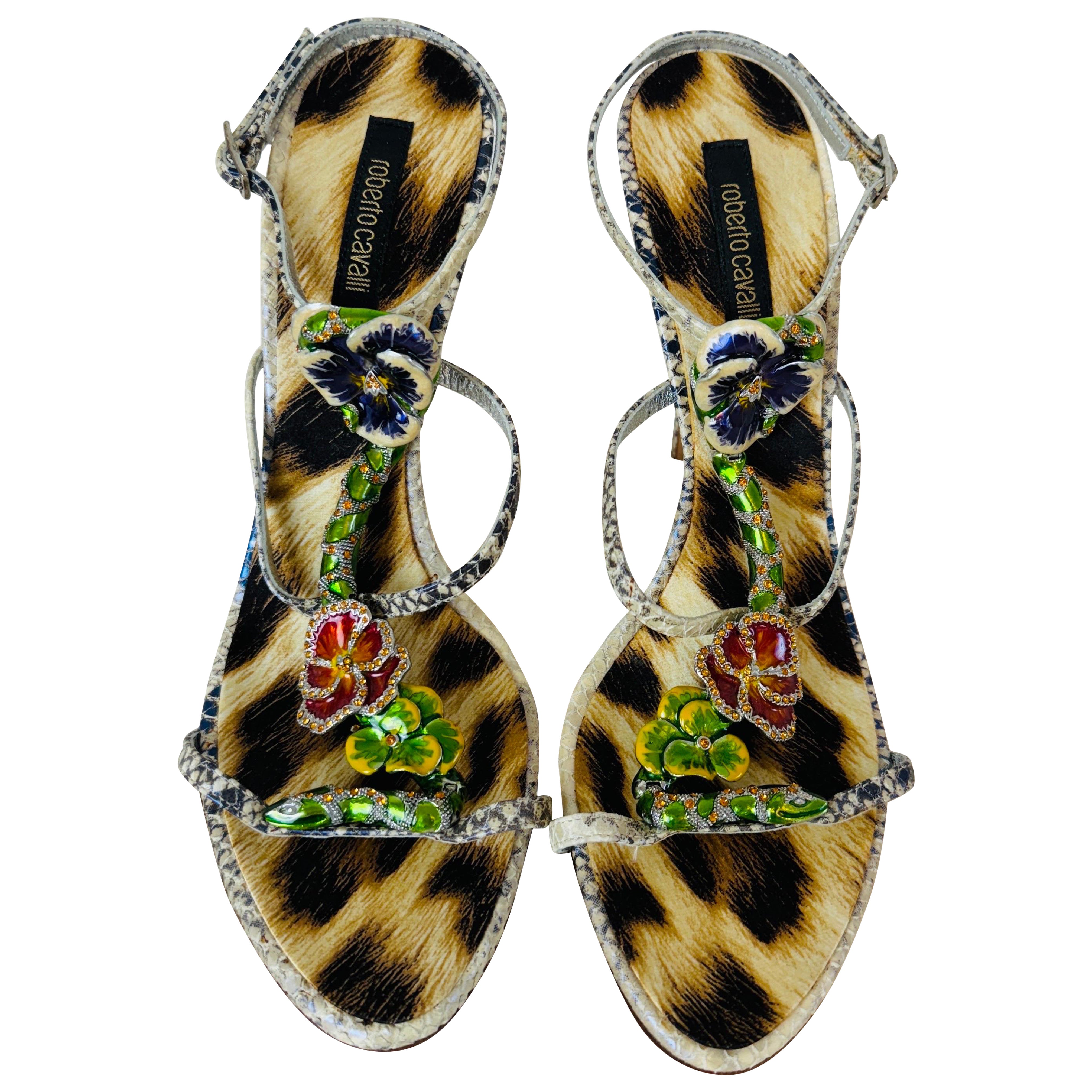 Vintage 2000s Roberto Cavalli Snake + Flower Enamel Rhinestone Heels Shoes