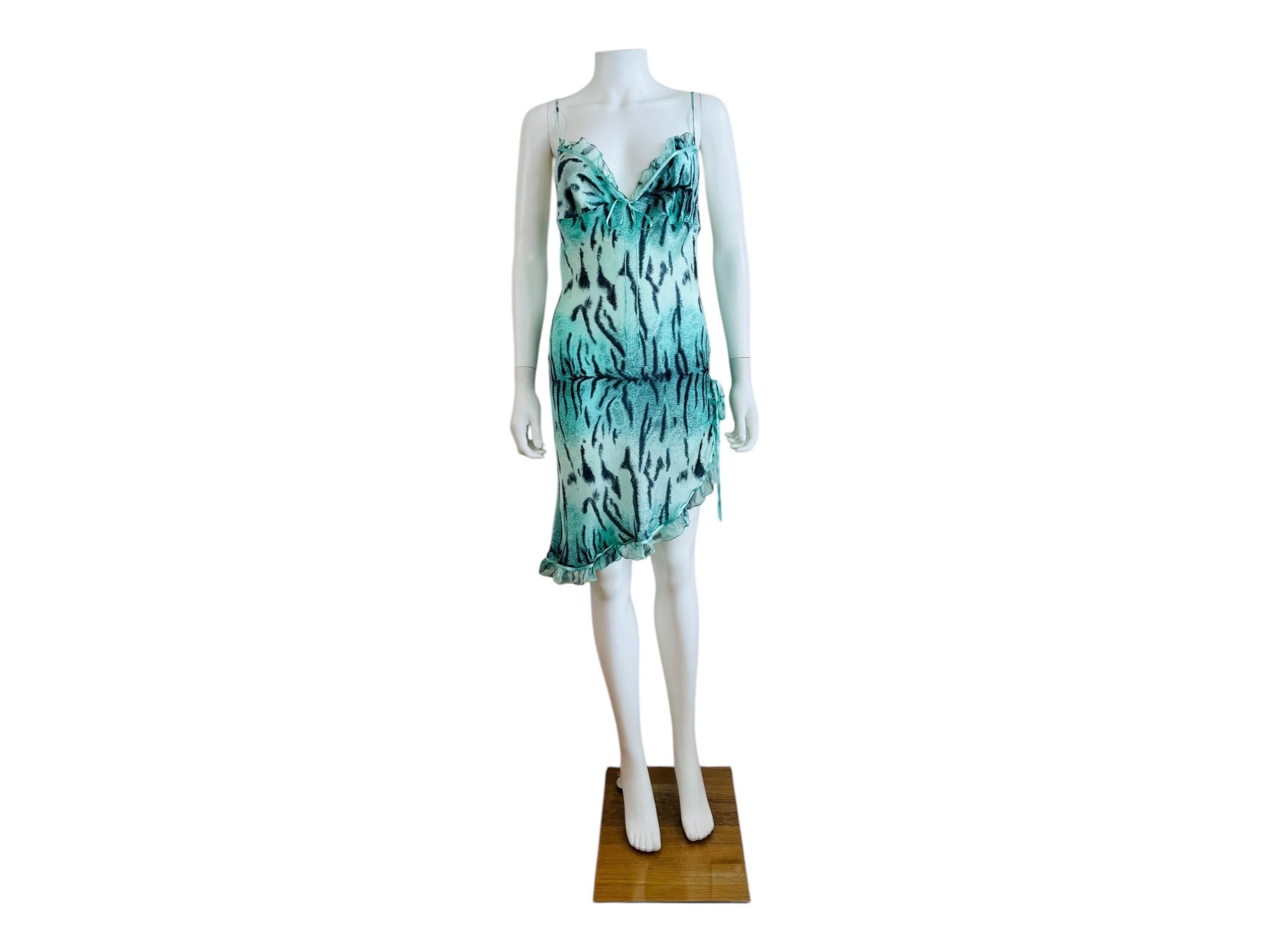 Blue Vintage 2000s Roberto Cavalli Turquoise Tiger Animal Print Silk Slip Mini Dress