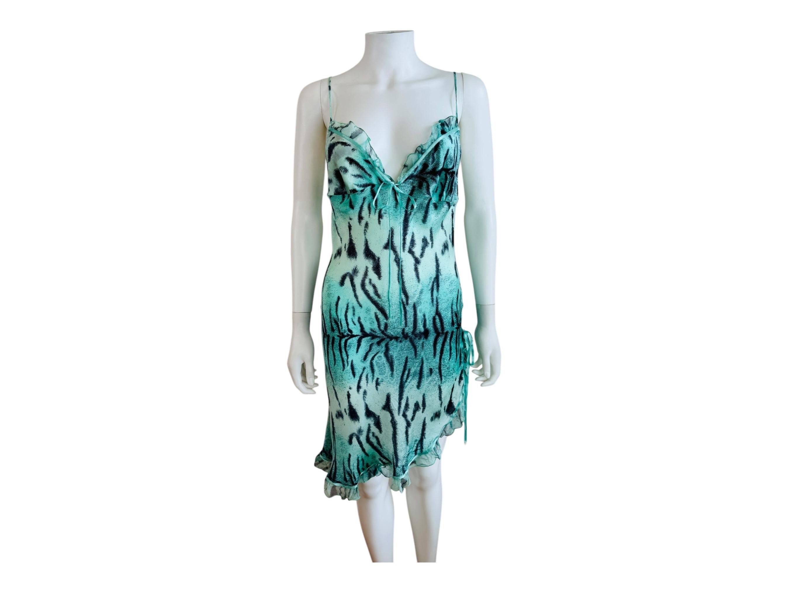 Vintage 2000s Roberto Cavalli Turquoise Tiger Animal Print Silk Slip Mini Dress In Excellent Condition In Denver, CO