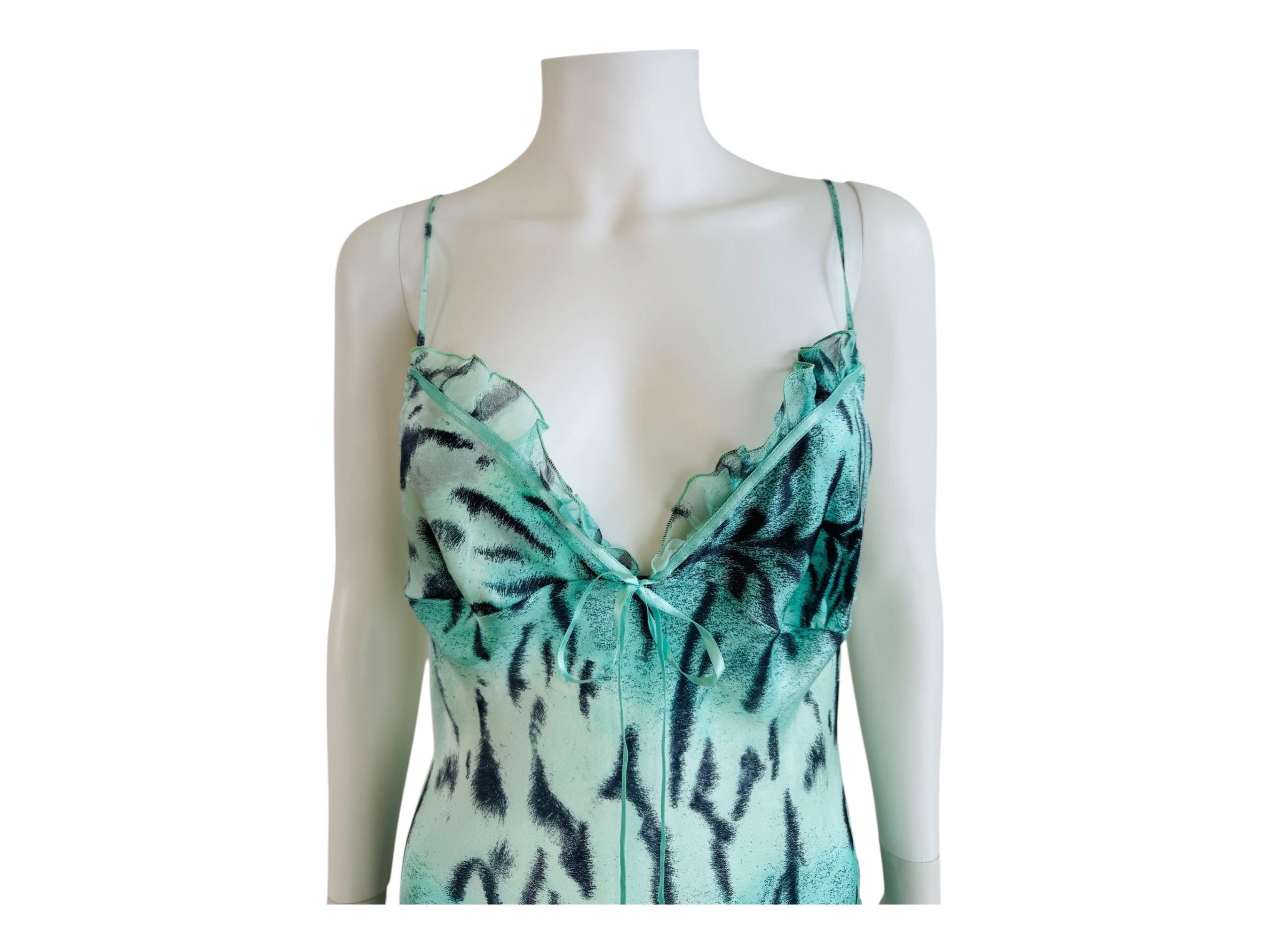Women's Vintage 2000s Roberto Cavalli Turquoise Tiger Animal Print Silk Slip Mini Dress