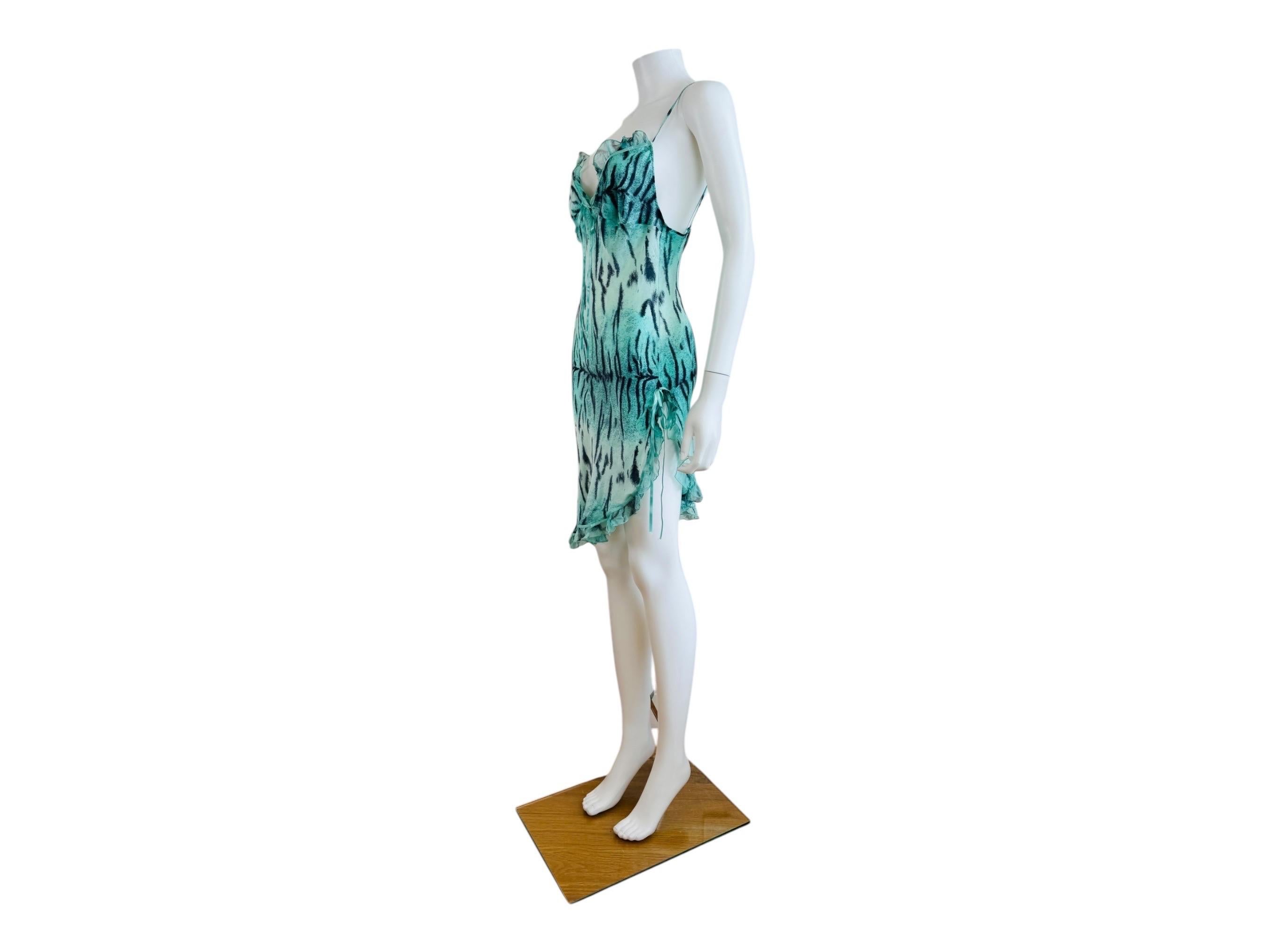 Vintage 2000s Roberto Cavalli Turquoise Tiger Animal Print Silk Slip Mini Dress 2