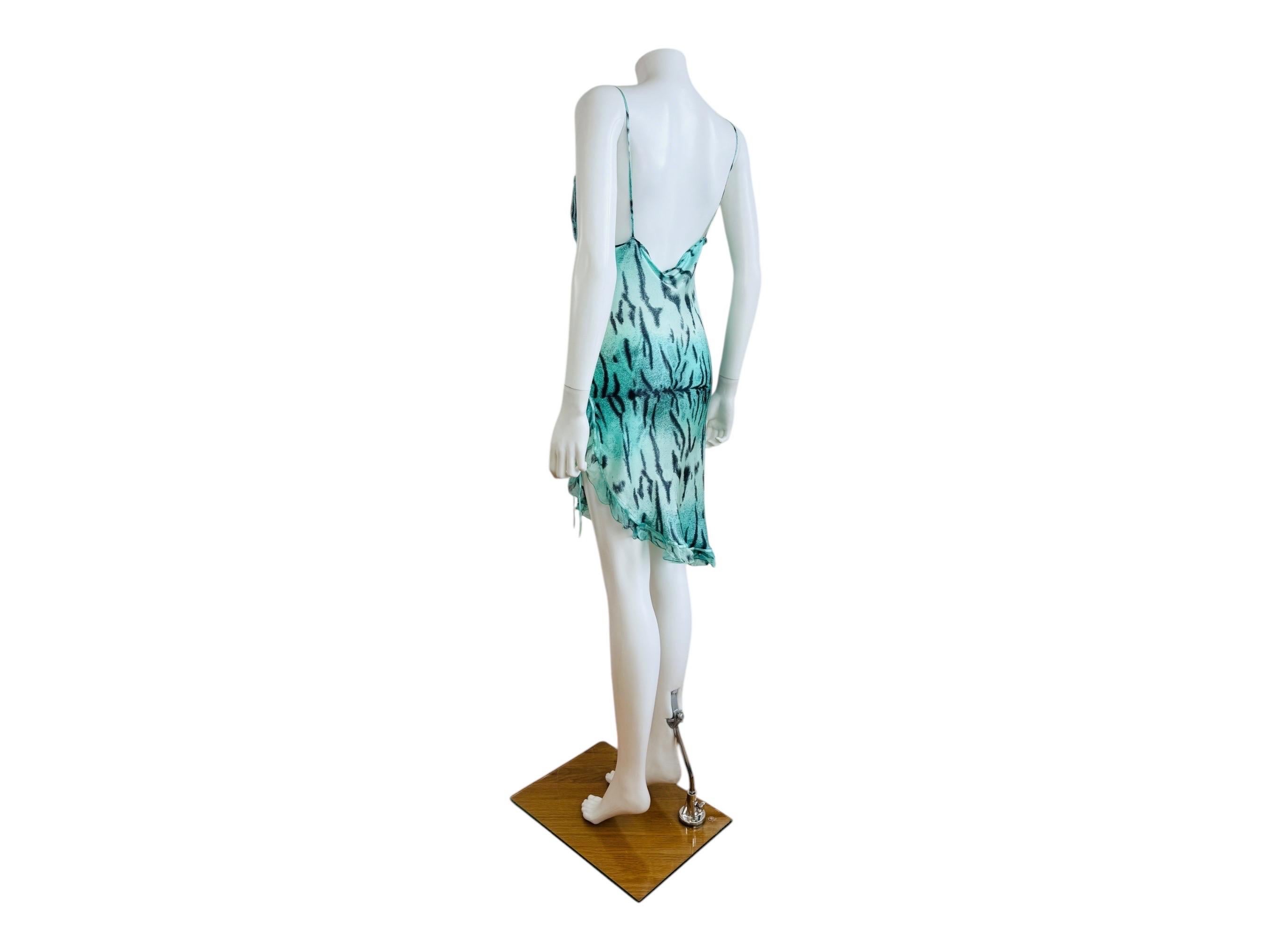 Vintage 2000s Roberto Cavalli Turquoise Tiger Animal Print Silk Slip Mini Dress 3