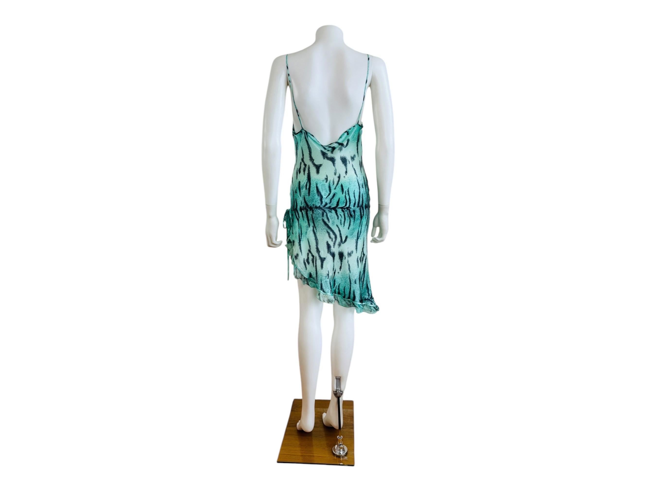 Vintage 2000s Roberto Cavalli Turquoise Tiger Animal Print Silk Slip Mini Dress 4