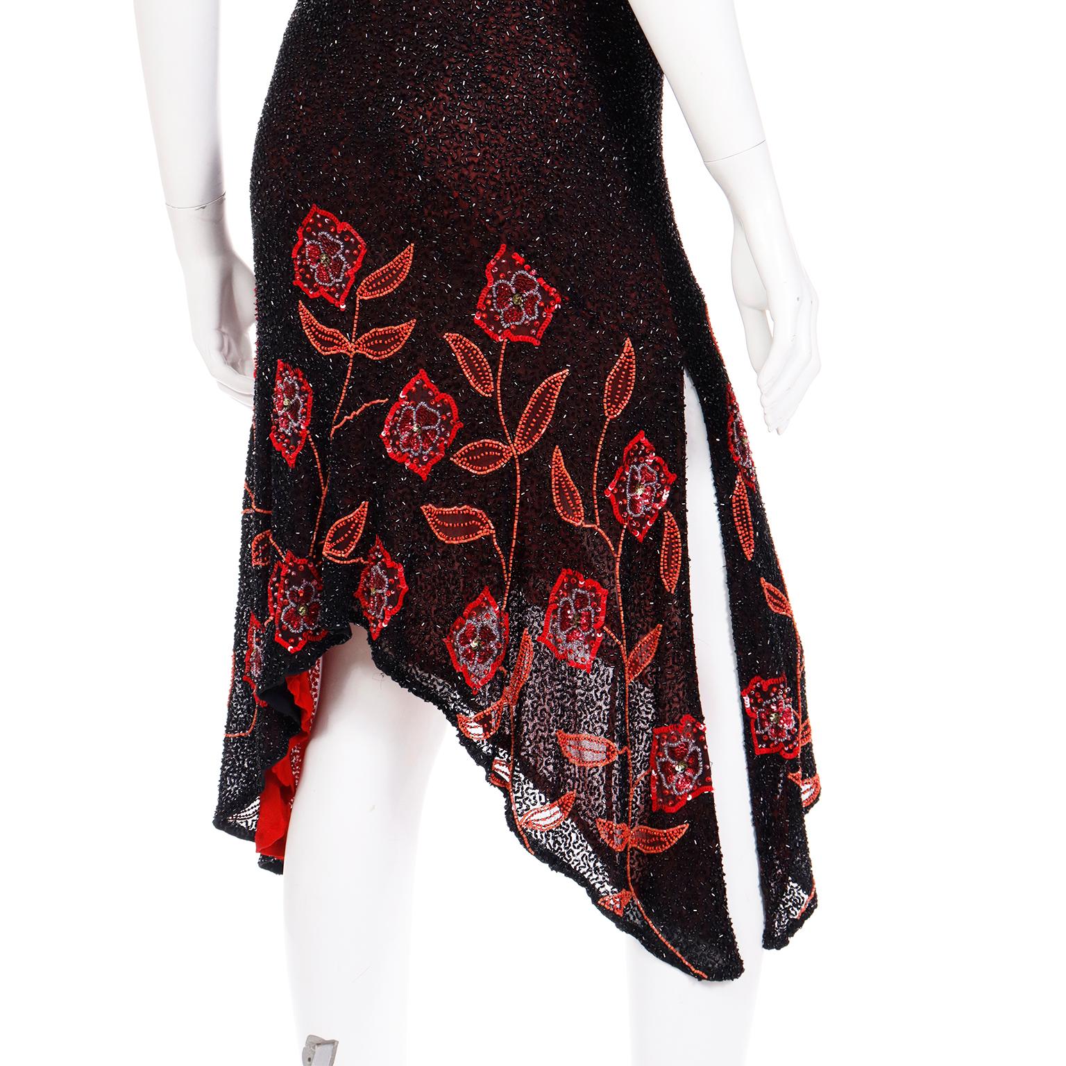 Vintage 2000s Y2K Black Sheer Silk Dress W Beads & Sequins & Red Silk Lining 5
