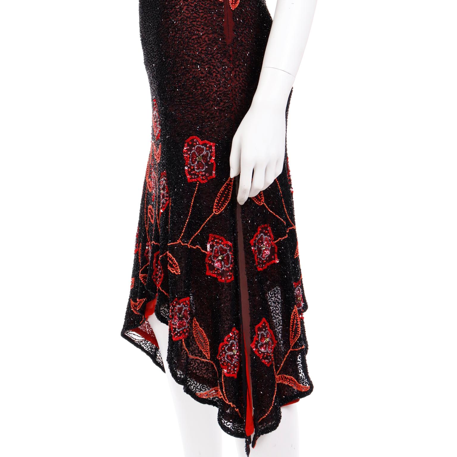 Vintage 2000s Y2K Black Sheer Silk Dress W Beads & Sequins & Red Silk Lining 6