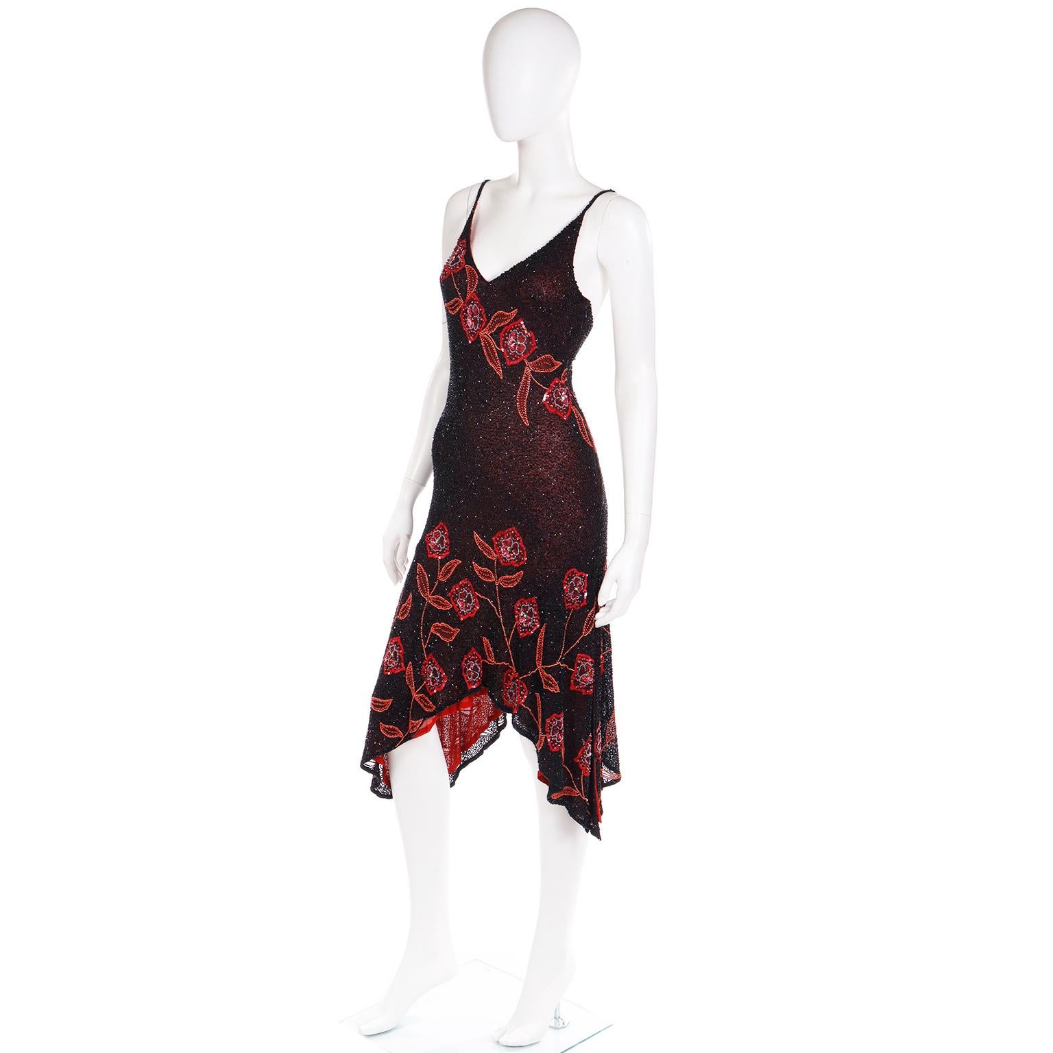 Women's Vintage 2000s Y2K Black Sheer Silk Dress W Beads & Sequins & Red Silk Lining