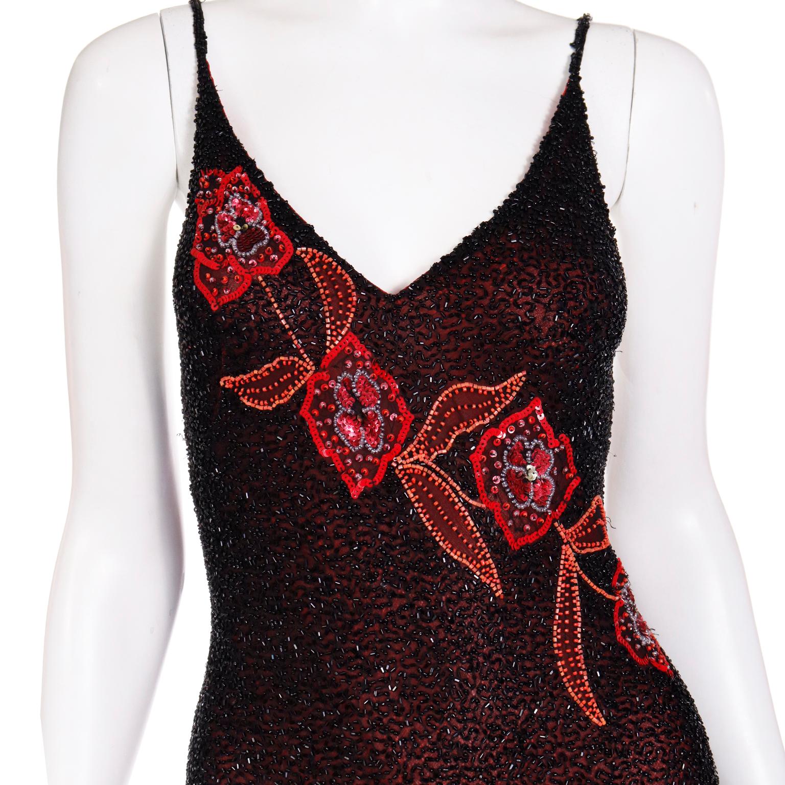 Vintage 2000s Y2K Black Sheer Silk Dress W Beads & Sequins & Red Silk Lining 1