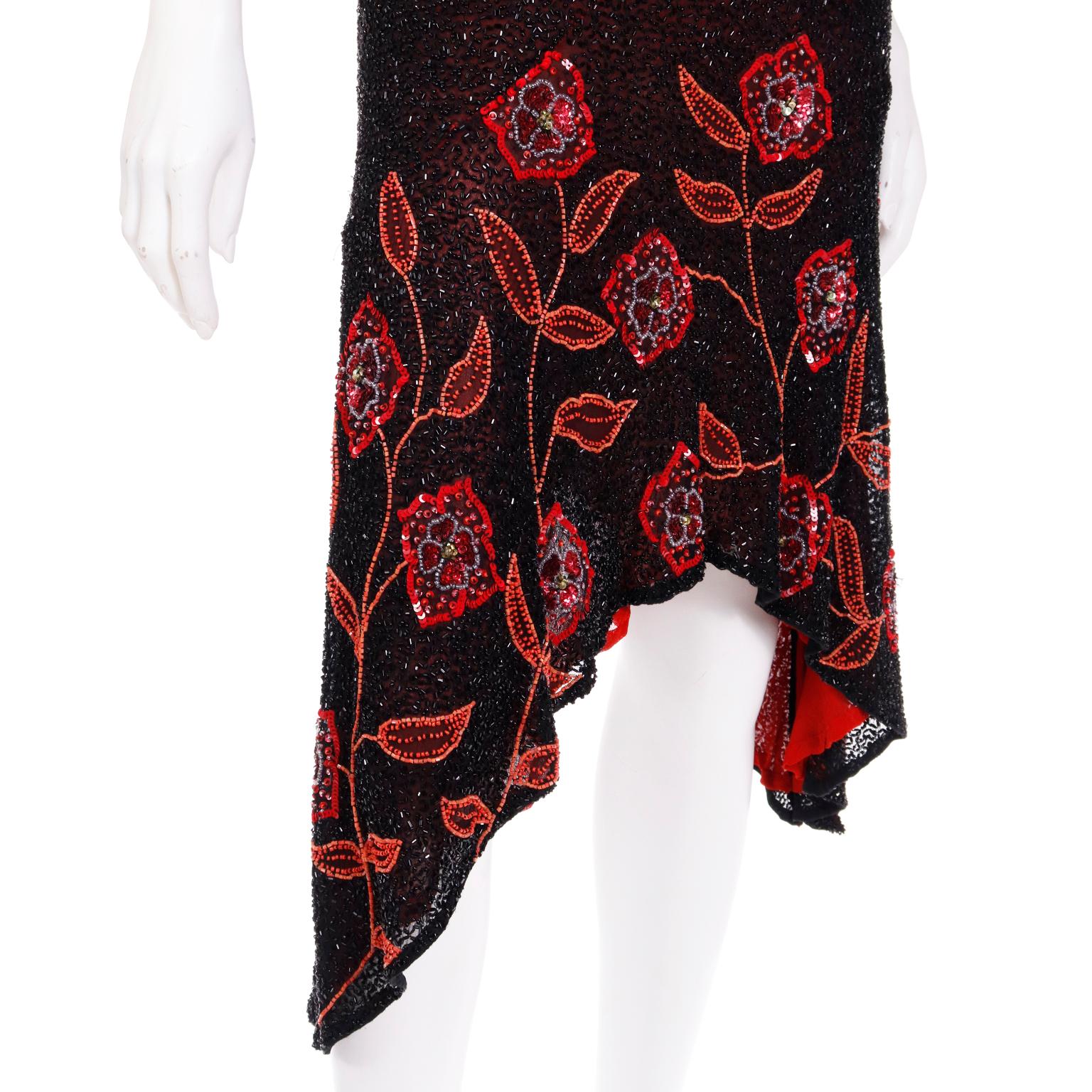 Vintage 2000s Y2K Black Sheer Silk Dress W Beads & Sequins & Red Silk Lining 2