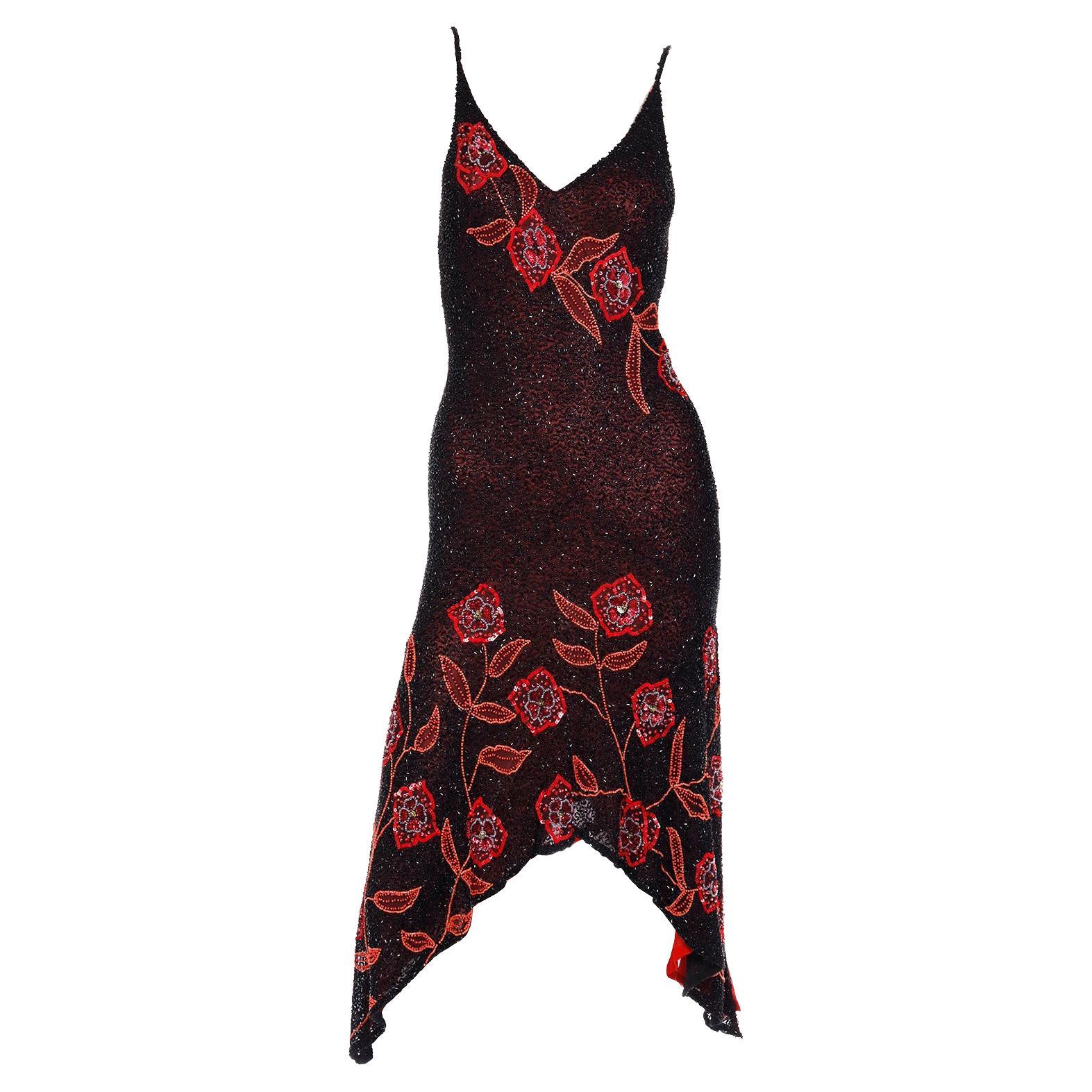Vintage 2000s Y2K Black Sheer Silk Dress W Beads & Sequins & Red Silk Lining