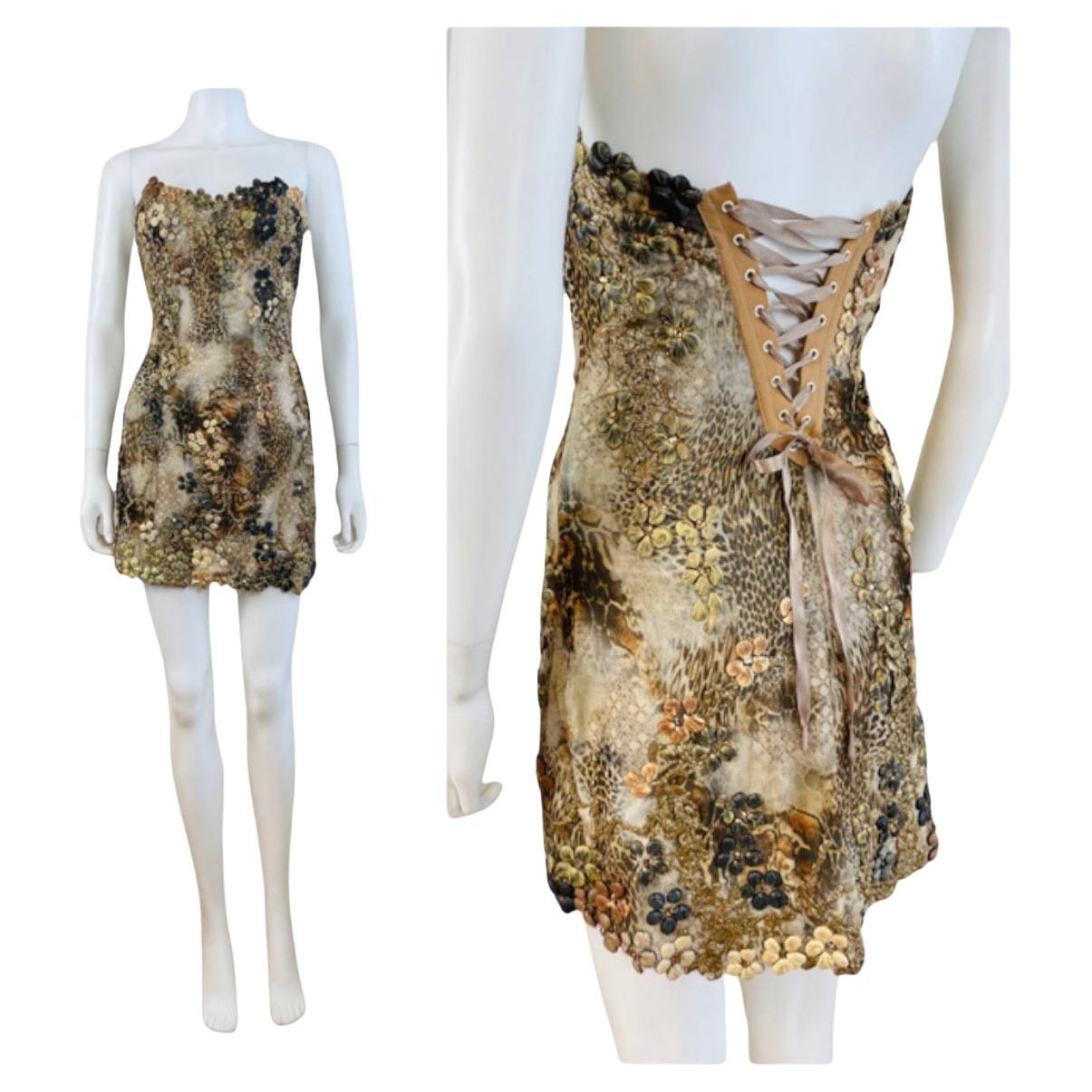 Vintage 2000s Y2K Ema Savahl Animal Leopard Print Lace Up Mini Dress Flowers  For Sale