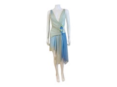 Vintage 2000s Y2K Ema Savahl Blue + Green Mesh Asymmetrical Mini Dress Flowers