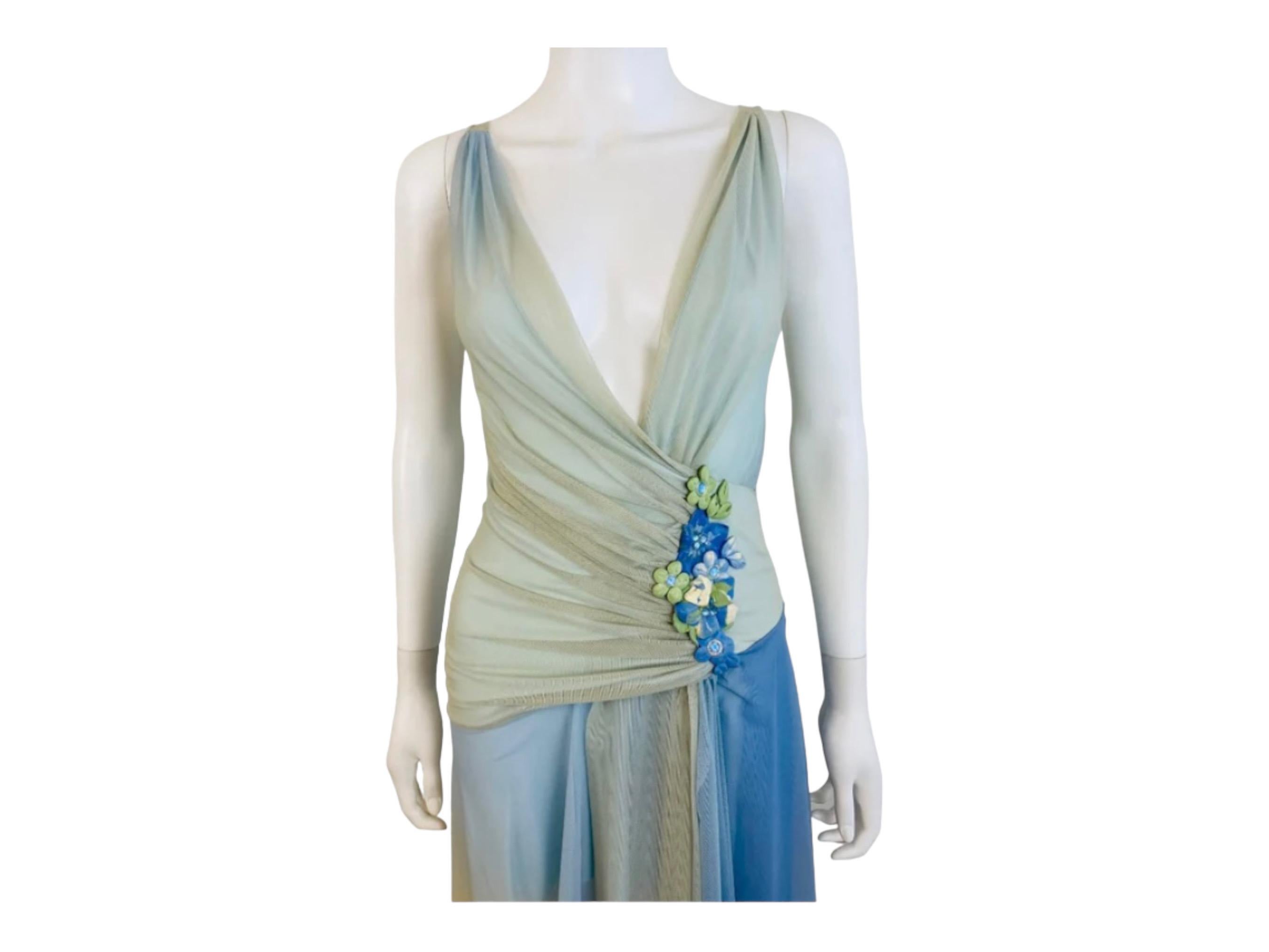 Vintage 2000s Y2K Ema Savahl Blue + Green Mesh Asymmetrical Mini Dress Flowers In Excellent Condition In Denver, CO