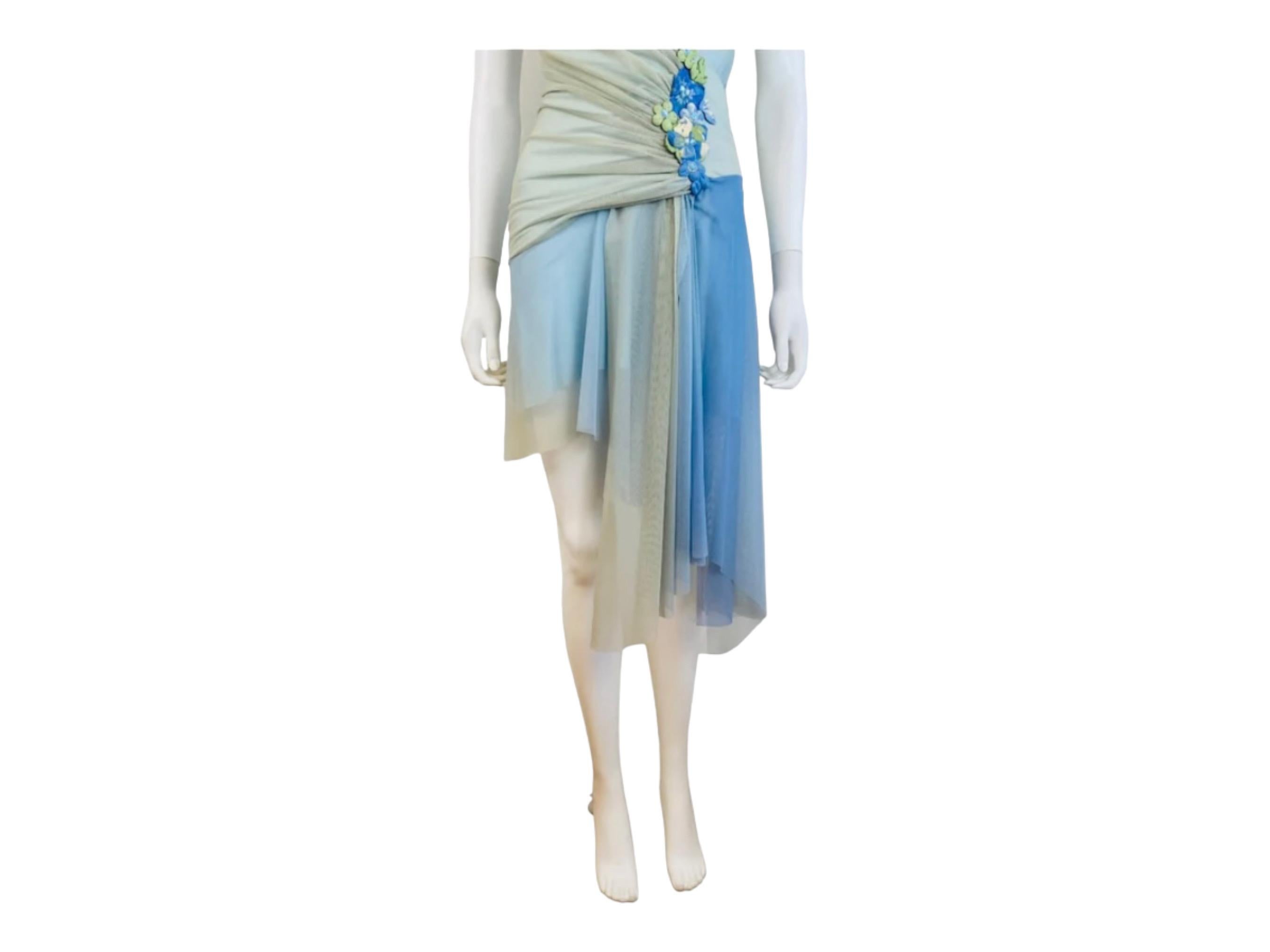 Women's Vintage 2000s Y2K Ema Savahl Blue + Green Mesh Asymmetrical Mini Dress Flowers