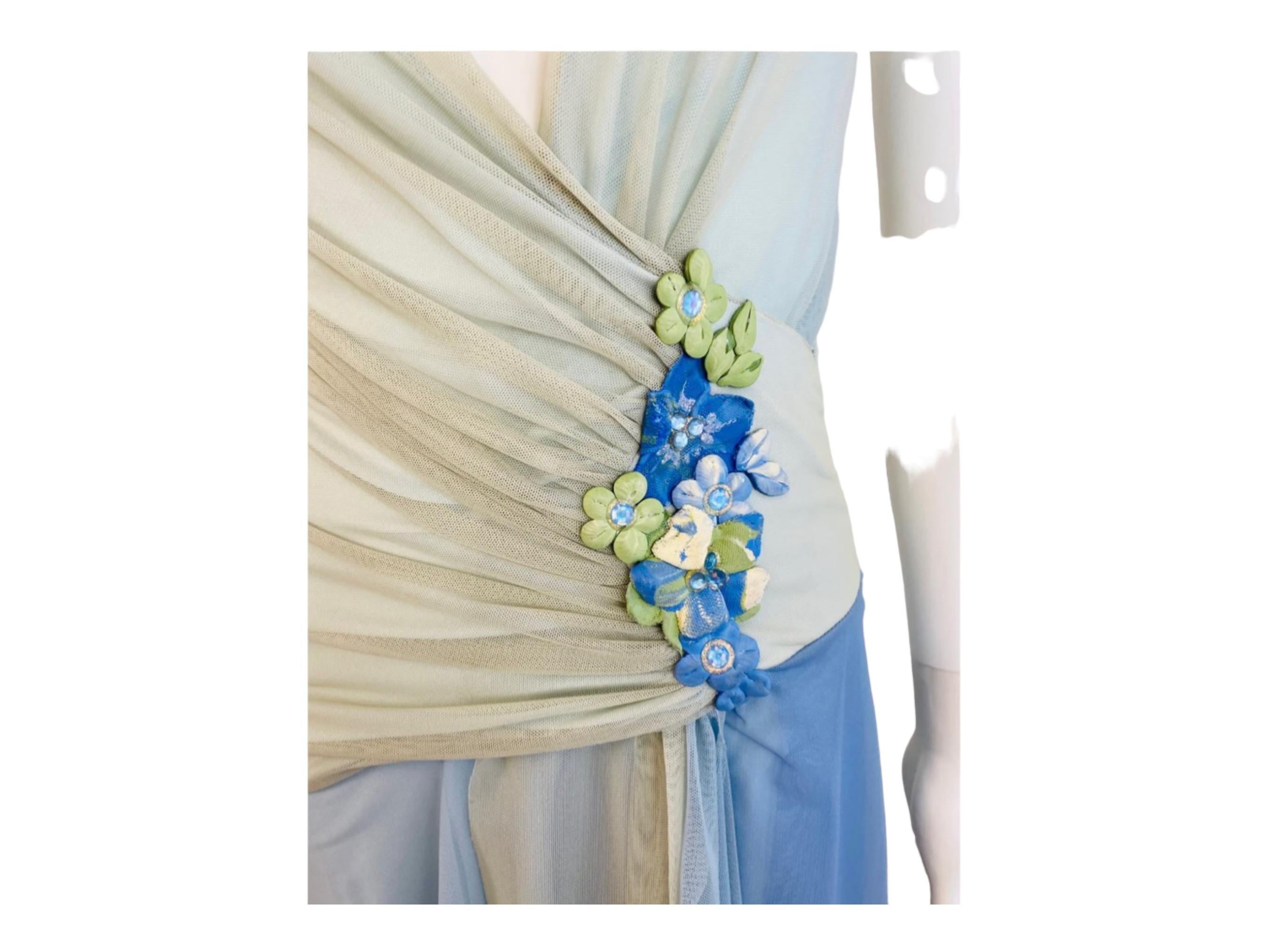 Vintage 2000s Y2K Ema Savahl Blue + Green Mesh Asymmetrical Mini Dress Flowers 1