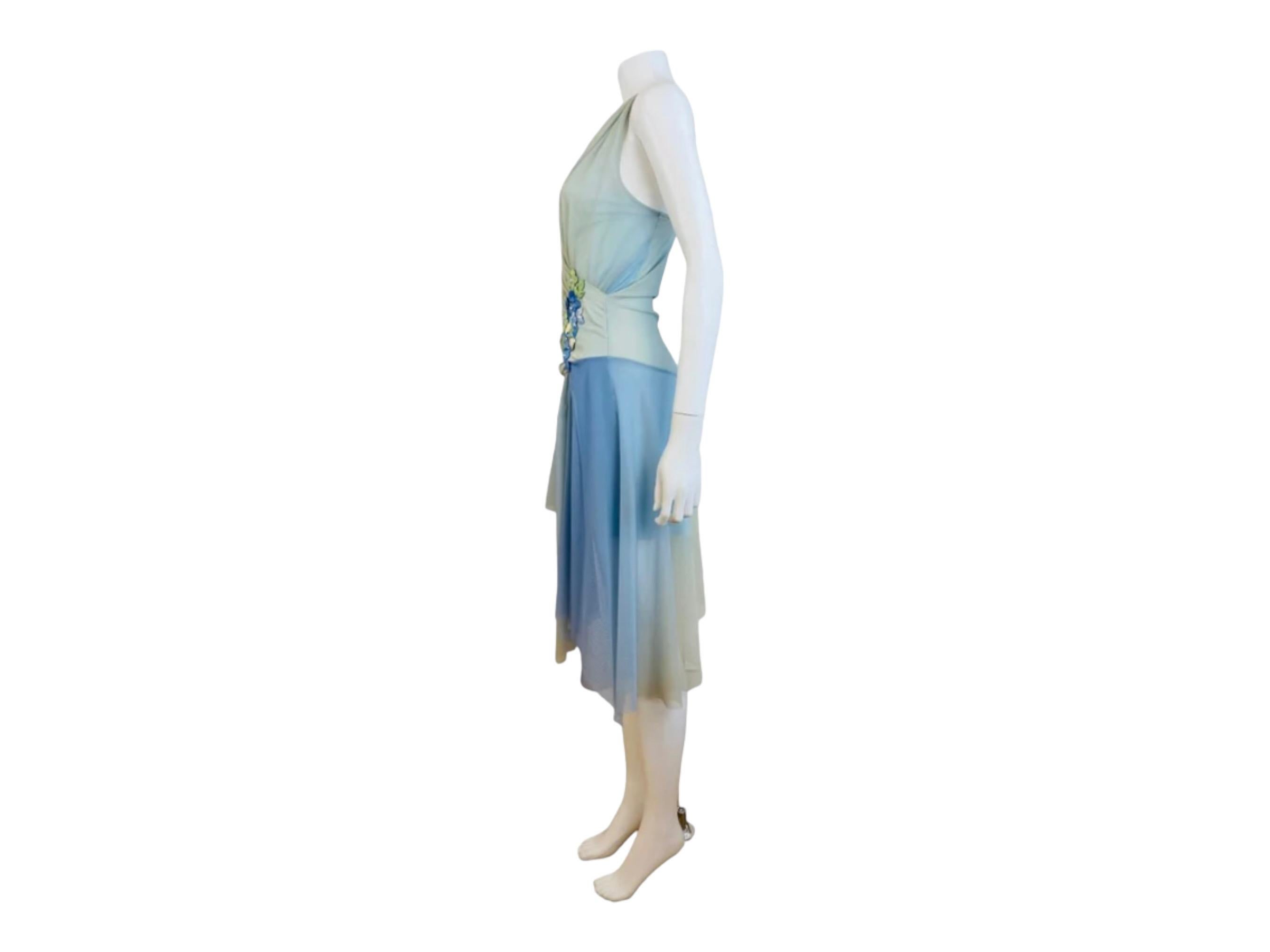 Vintage 2000s Y2K Ema Savahl Blue + Green Mesh Asymmetrical Mini Dress Flowers 2