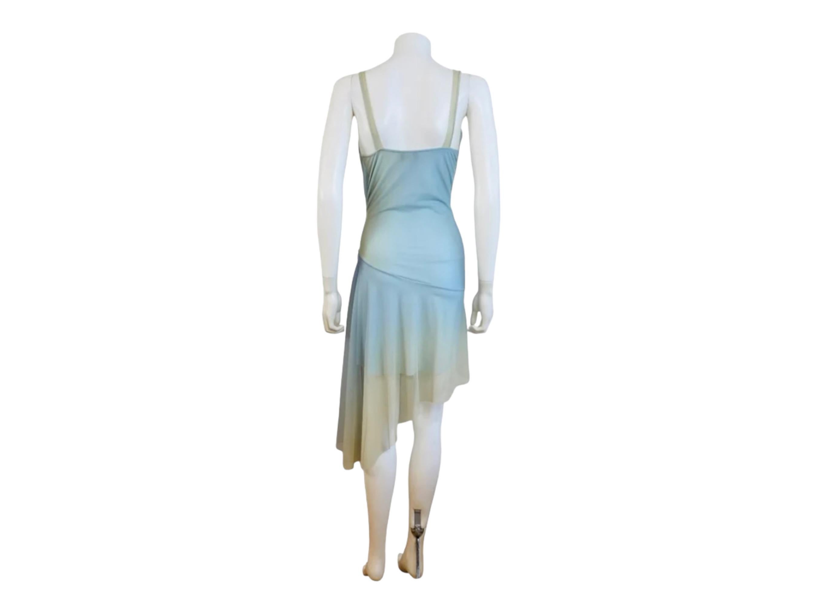 Vintage 2000s Y2K Ema Savahl Blue + Green Mesh Asymmetrical Mini Dress Flowers 3
