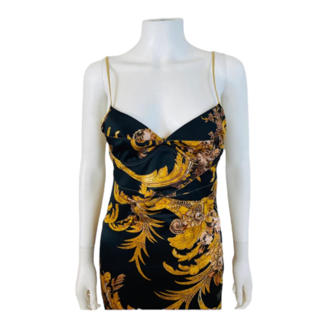 Vintage 2000s Y2K Just Cavalli Roberto Cavalli Black Gold Baroque Dress Gown In Excellent Condition For Sale In Denver, CO
