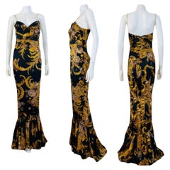 Vintage 2000s Y2K Just Cavalli Roberto Cavalli Black Gold Baroque Dress Gown