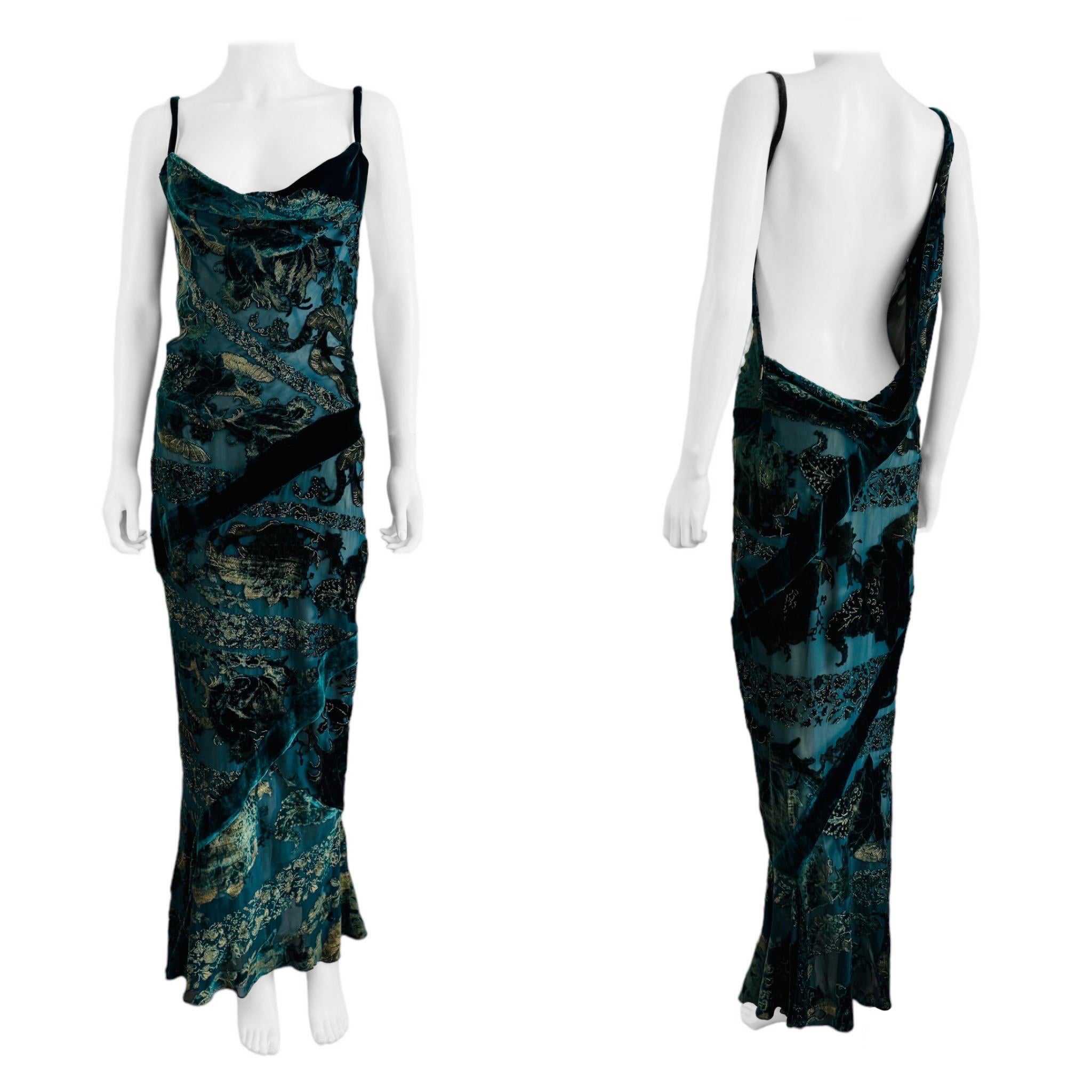 Vintage 2000s Y2K Roberto Cavalli Green Gold Chiffon Velvet Bias Slip Dress Maxi