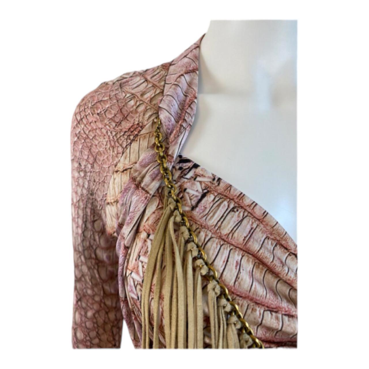 Women's Vintage 2000s Y2K Roberto Cavalli Reptile Snake Leather Suede Fringe Dress