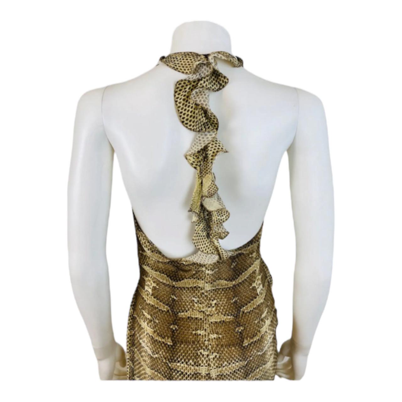 Vintage 2000s Y2K Roberto Cavalli Silk Python Snake Mini Ruffle Halter Dress For Sale 4