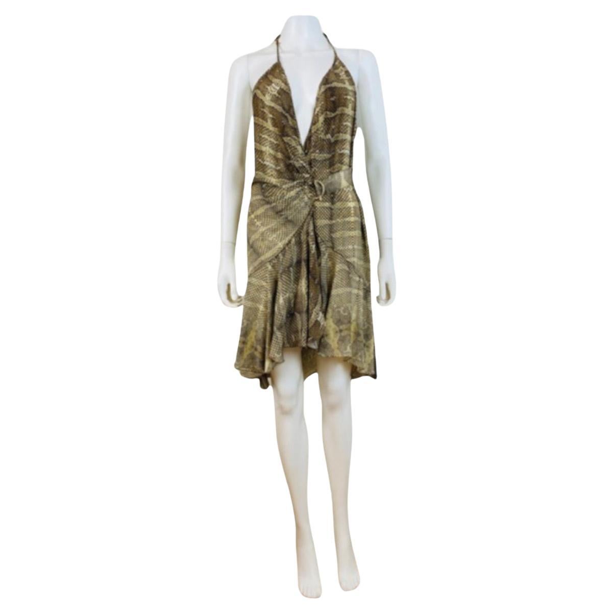 Vintage 2000s Y2K Roberto Cavalli Silk Python Snake Mini Ruffle Halter Dress