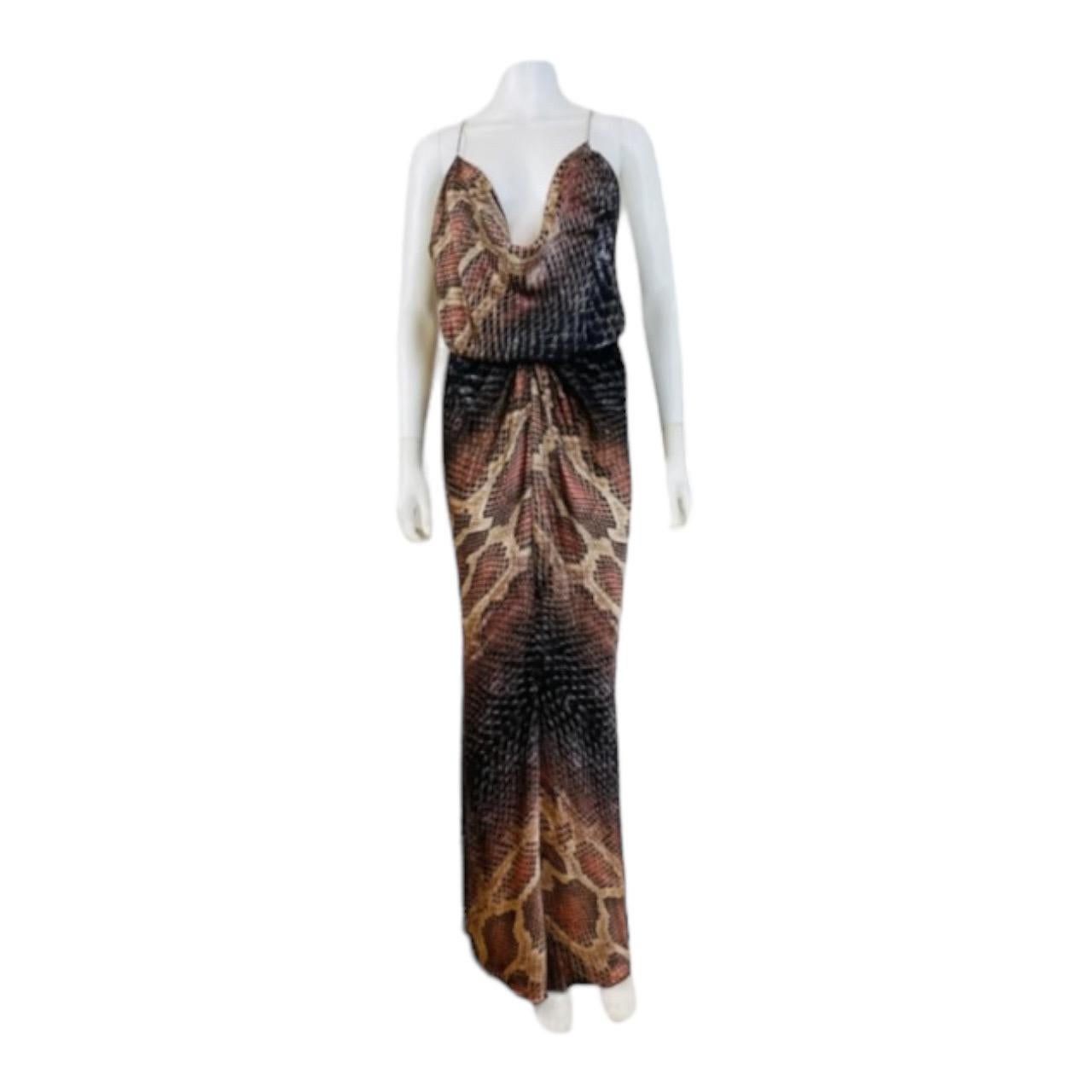2000s Y2K Roberto Cavalli Silk Dress Gown
Incredible python snake print silk fabric
Draped neckline with loose fitting bodice
Halter neckline
Nipped waistline
Thin shoulder straps 
Hidden side zip at the waist
Long maxi length skirt
Unlined

Marked