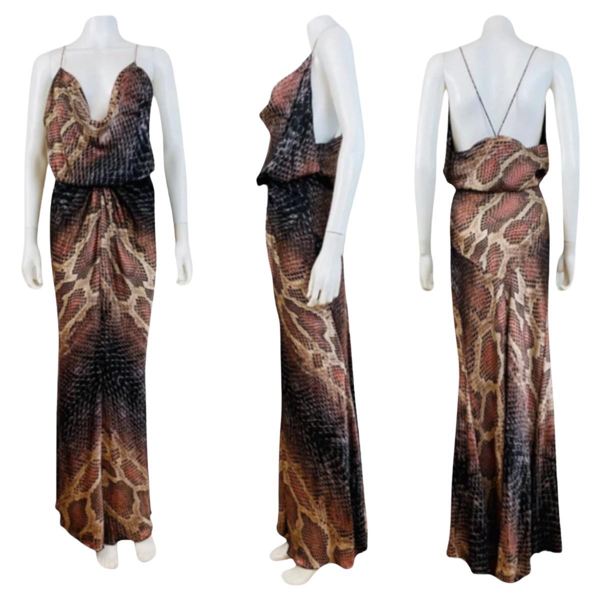 Vintage 2000s Y2K Roberto Cavalli Silk Snake Python Print Halter Gown Dress For Sale