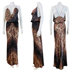 Vintage 2000s Y2K Roberto Cavalli Silk Snake Python Print Halter Gown Dress