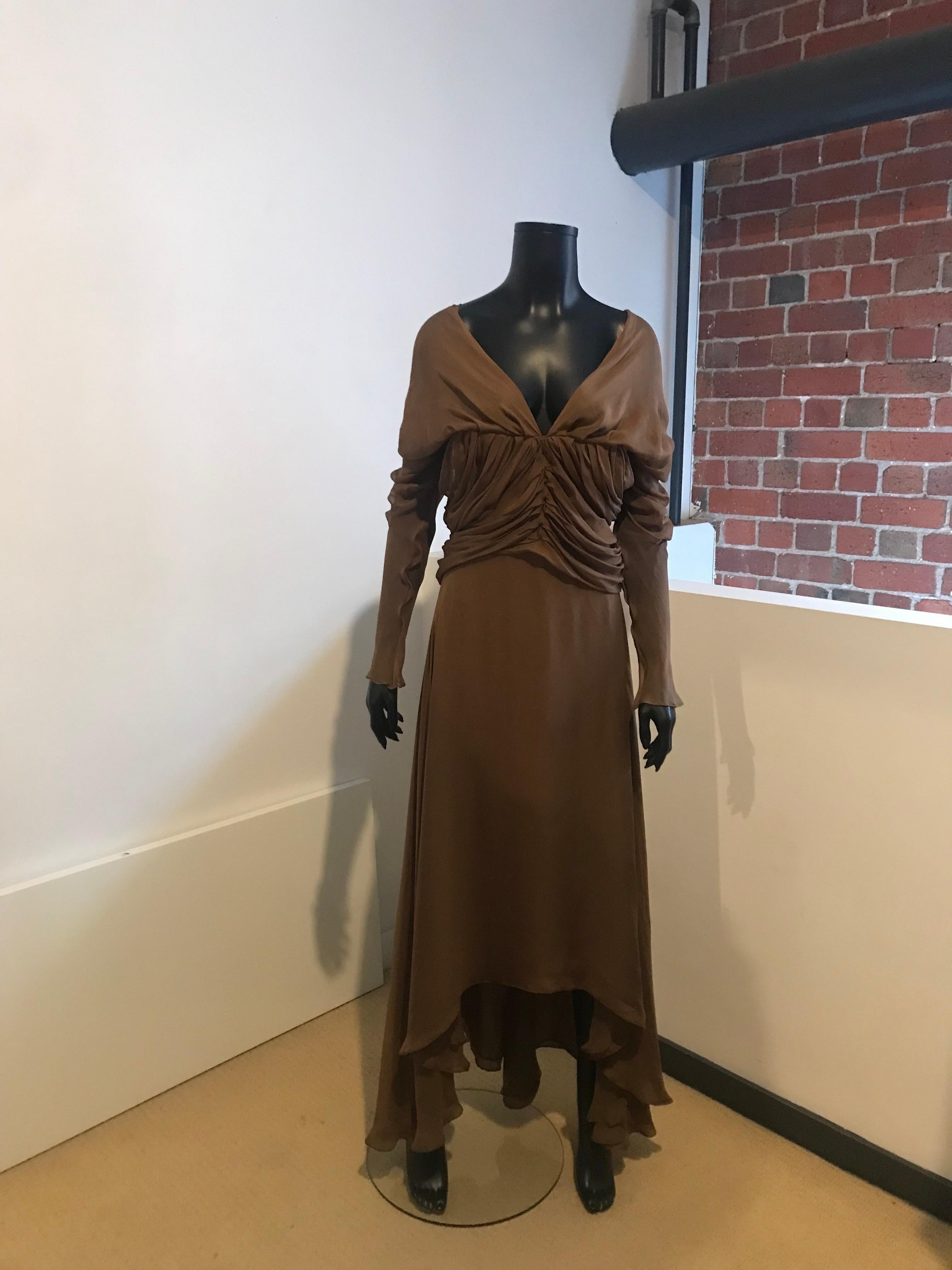 Stunning early 2000’s Yve Saint Laurent YSL Rive Gauche by TOM FORD ruched silk chiffon long sleeved evening dress with full corseted bodice 

A gorgeous, unique piece from this super iconic time in the YSL history designed by Tom Ford

In cinnamon