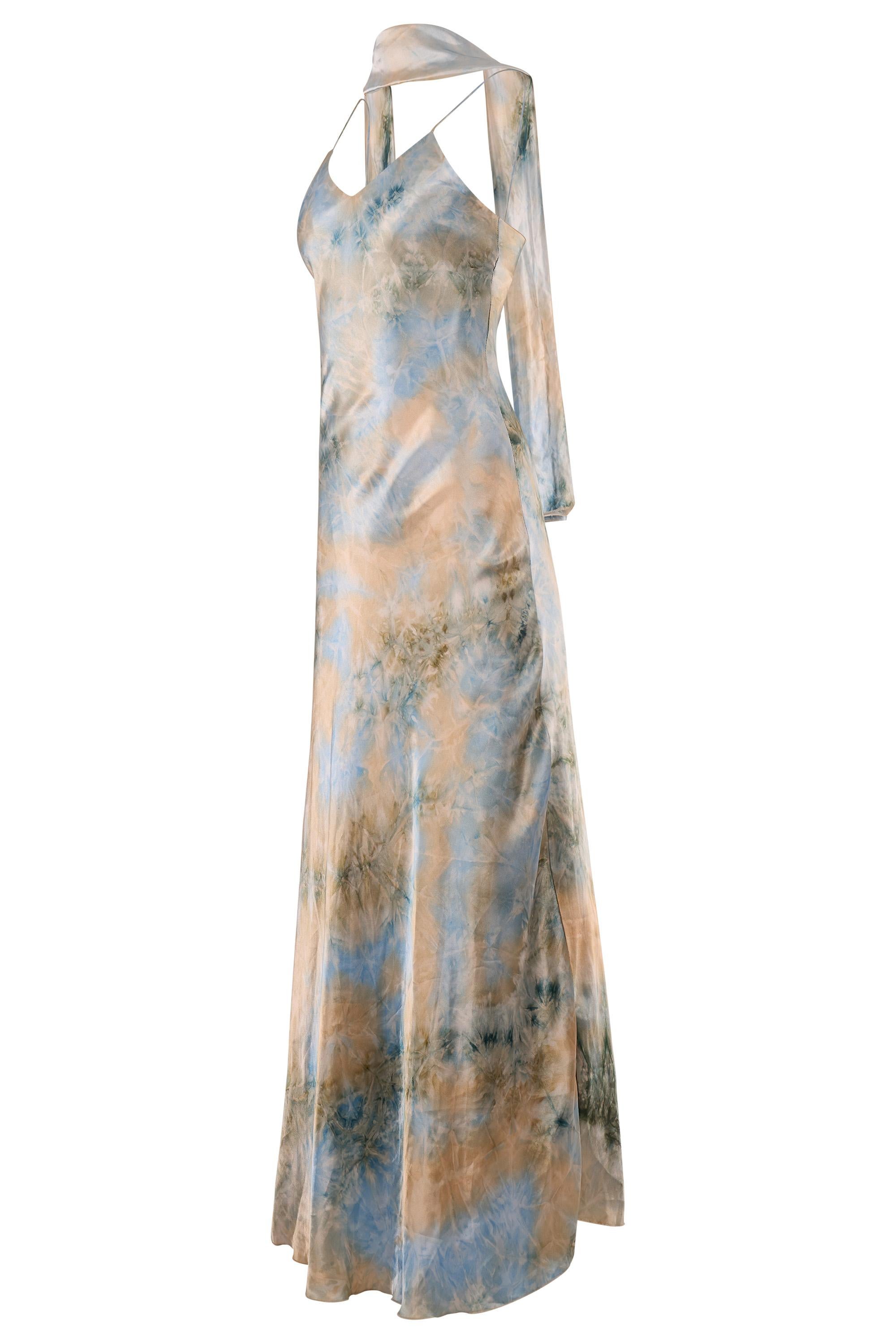 Vintage 2000's Yves Calin tie dye maxi dress with matching scarf. This flowing maxi dress features a painterly tie-dye print in soft hues of sky blue, sand beige, and sage green,  Cut on the bias for a flattering, fluid drape, the dress skims the
