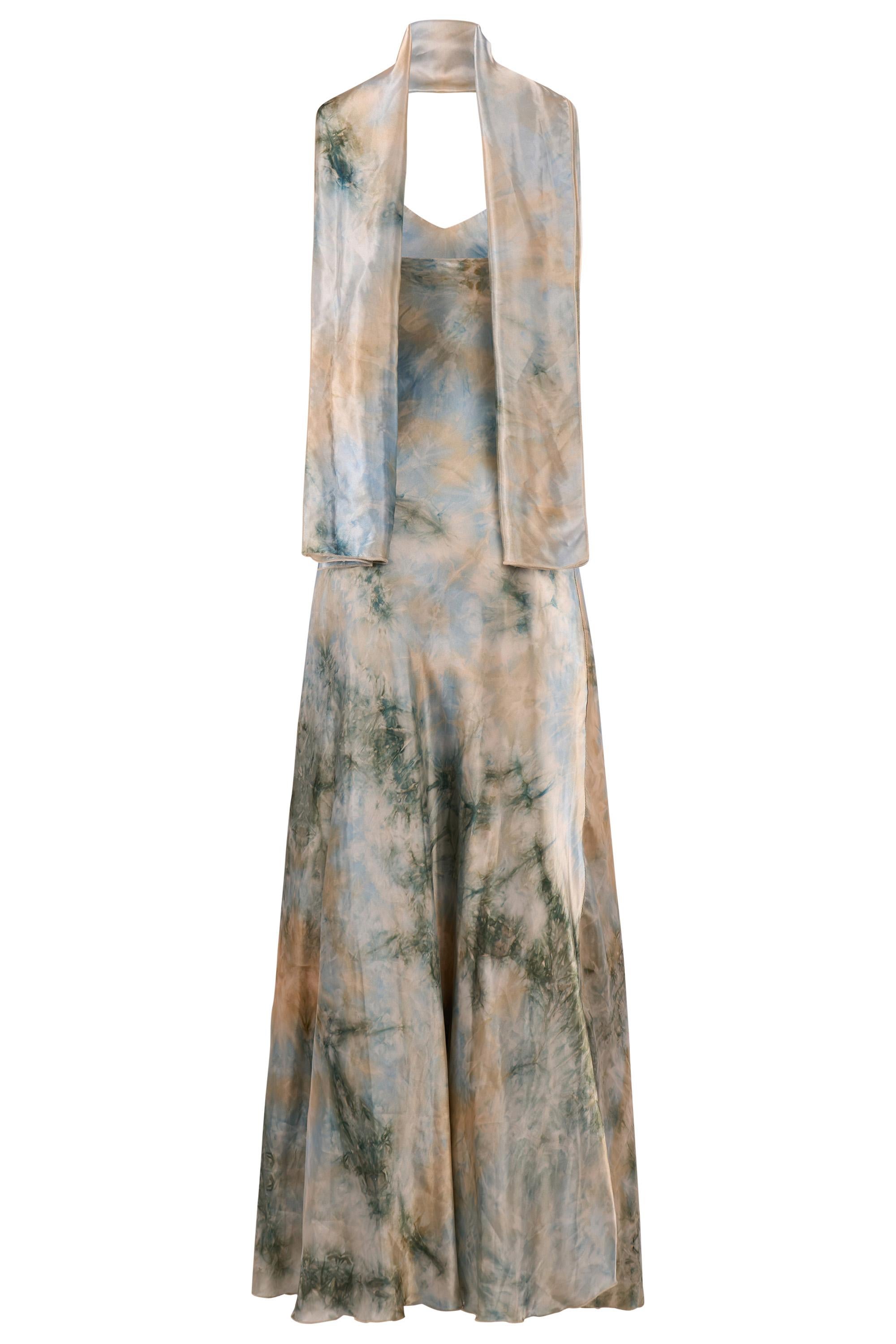 Brown Vintage 2000's Yves Calin Tie-Dye Silk Print Maxi Dress For Sale
