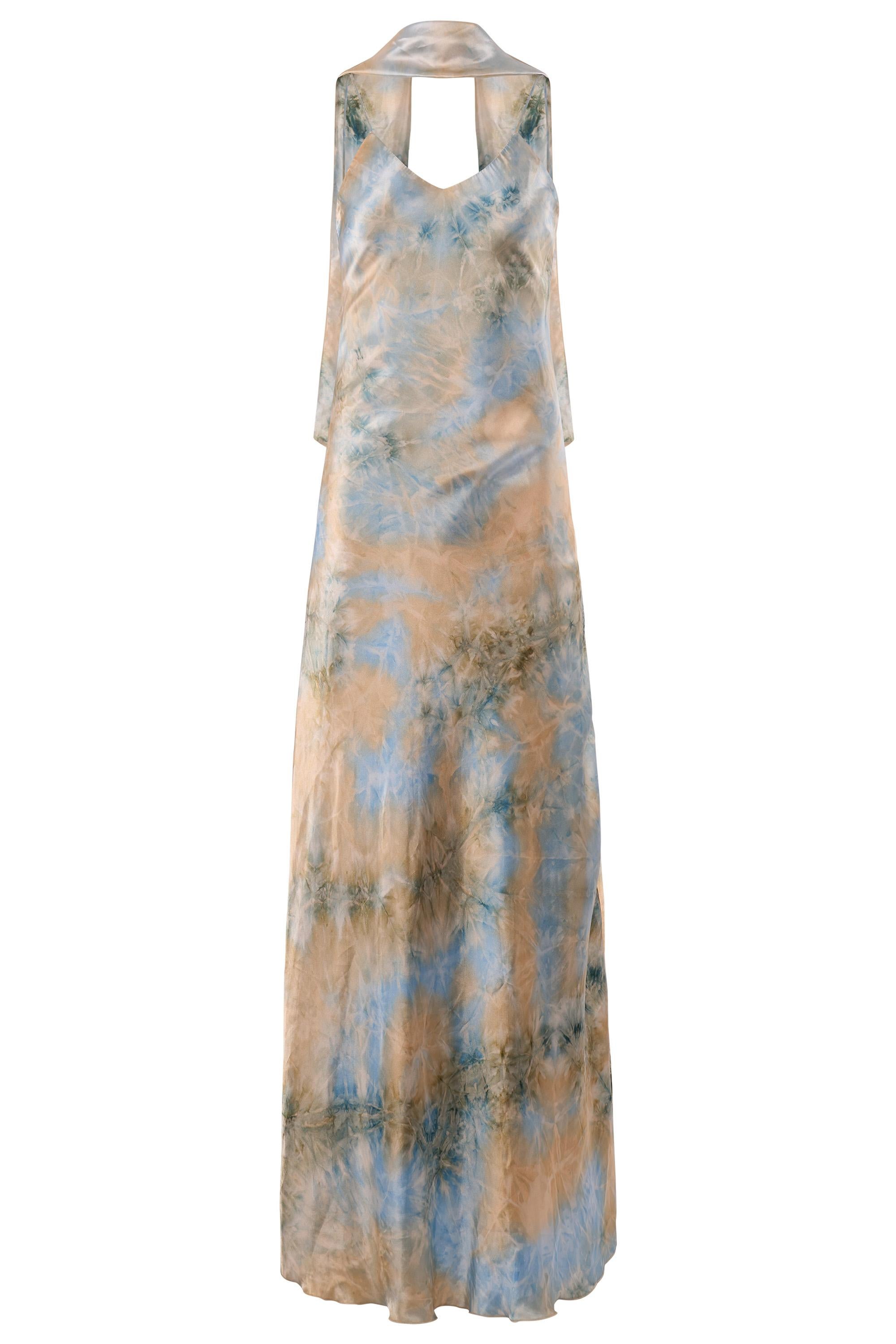 Vintage 2000's Yves Calin Tie-Dye Silk Print Maxi Dress In Excellent Condition For Sale In London, GB