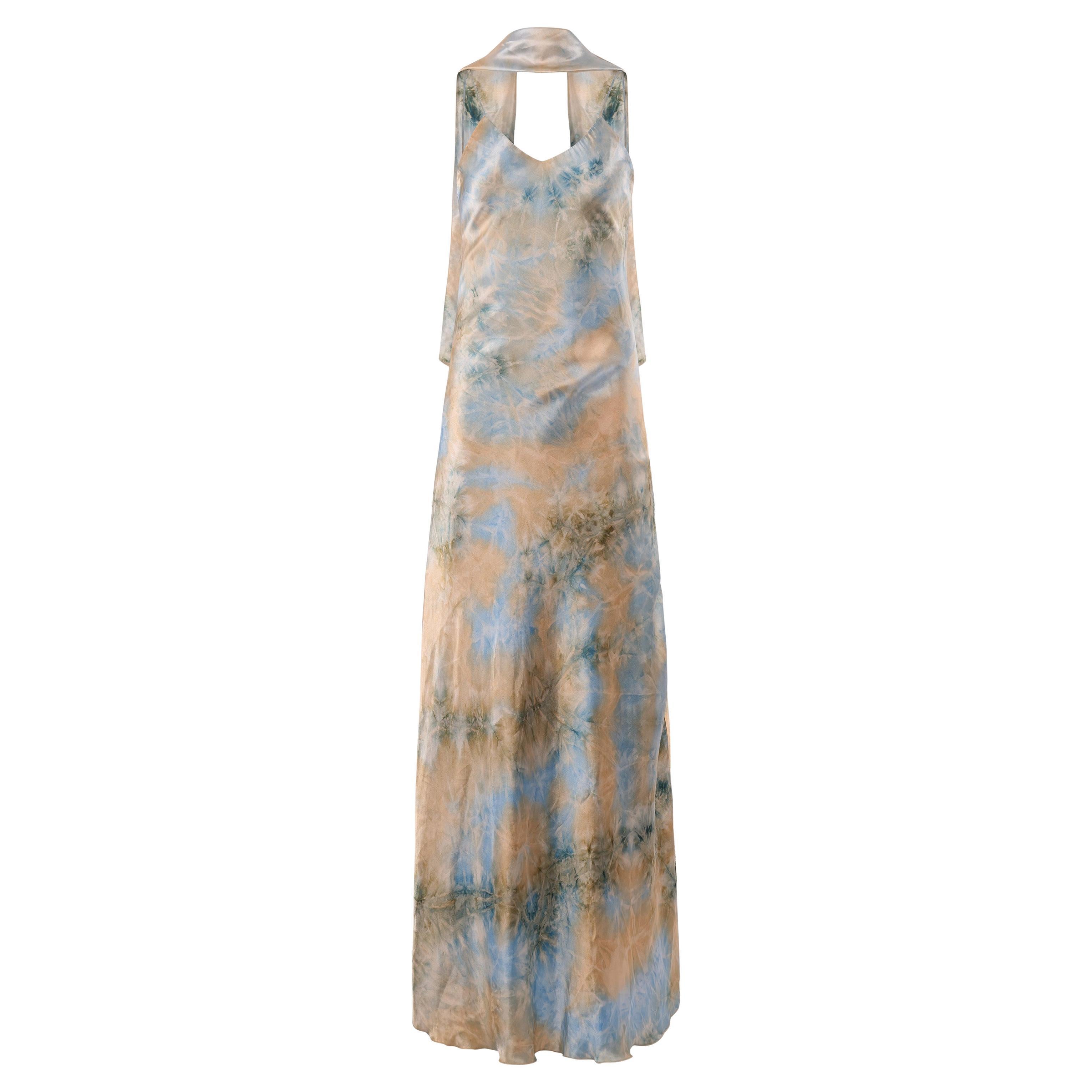 Vintage 2000's Yves Calin Tie-Dye Silk Print Maxi Dress For Sale