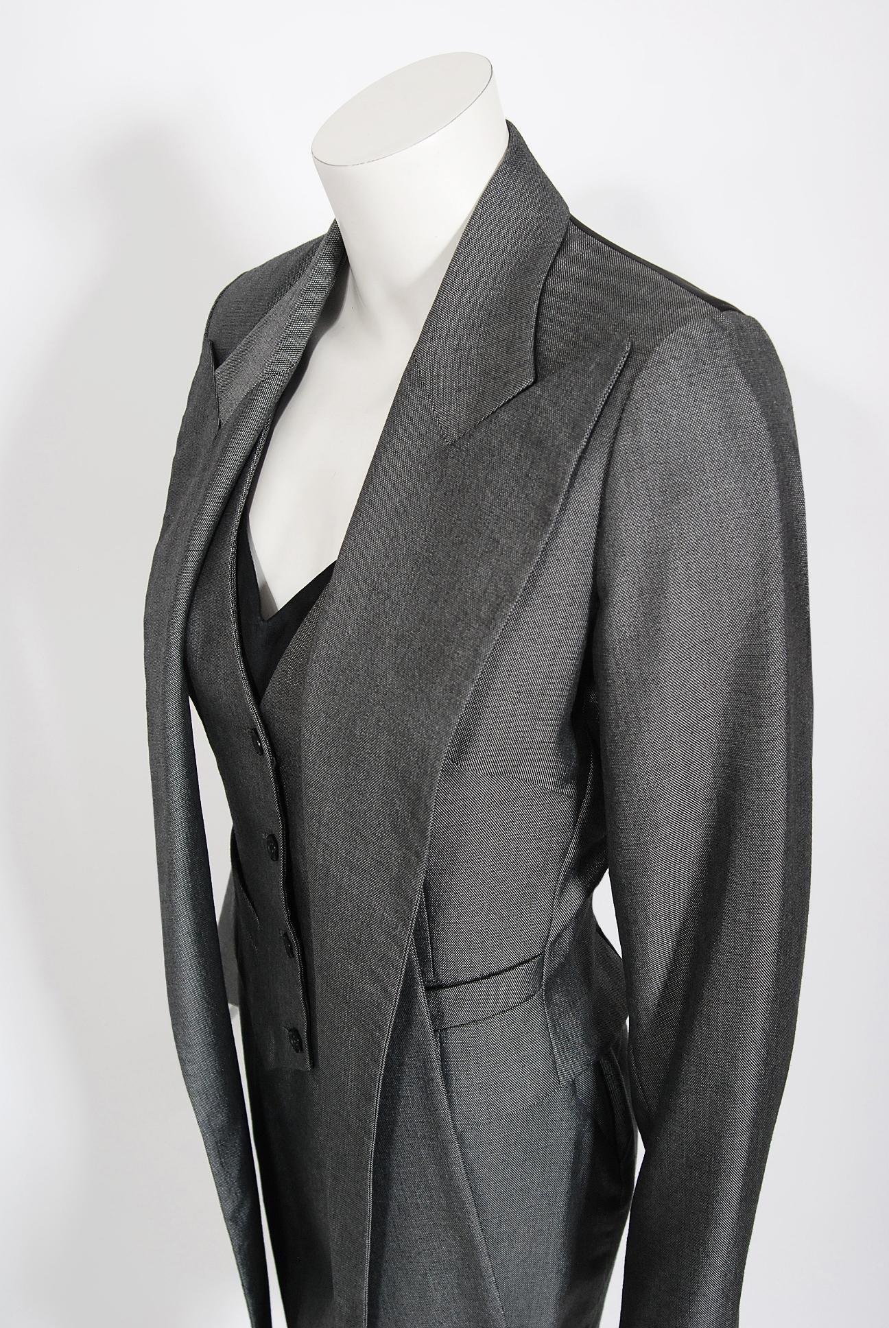 Vintage 1997 Alexander McQueen Gray Sharkskin Wool Hourglass Dress & Suit Jacket 3