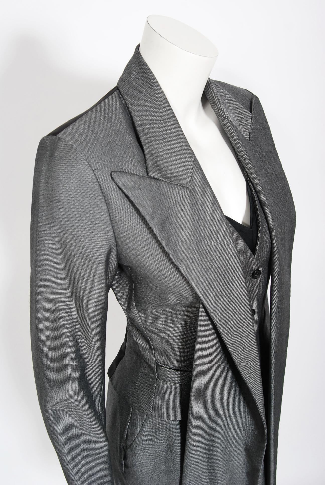 Vintage 1997 Alexander McQueen Gray Sharkskin Wool Hourglass Dress & Suit Jacket 1