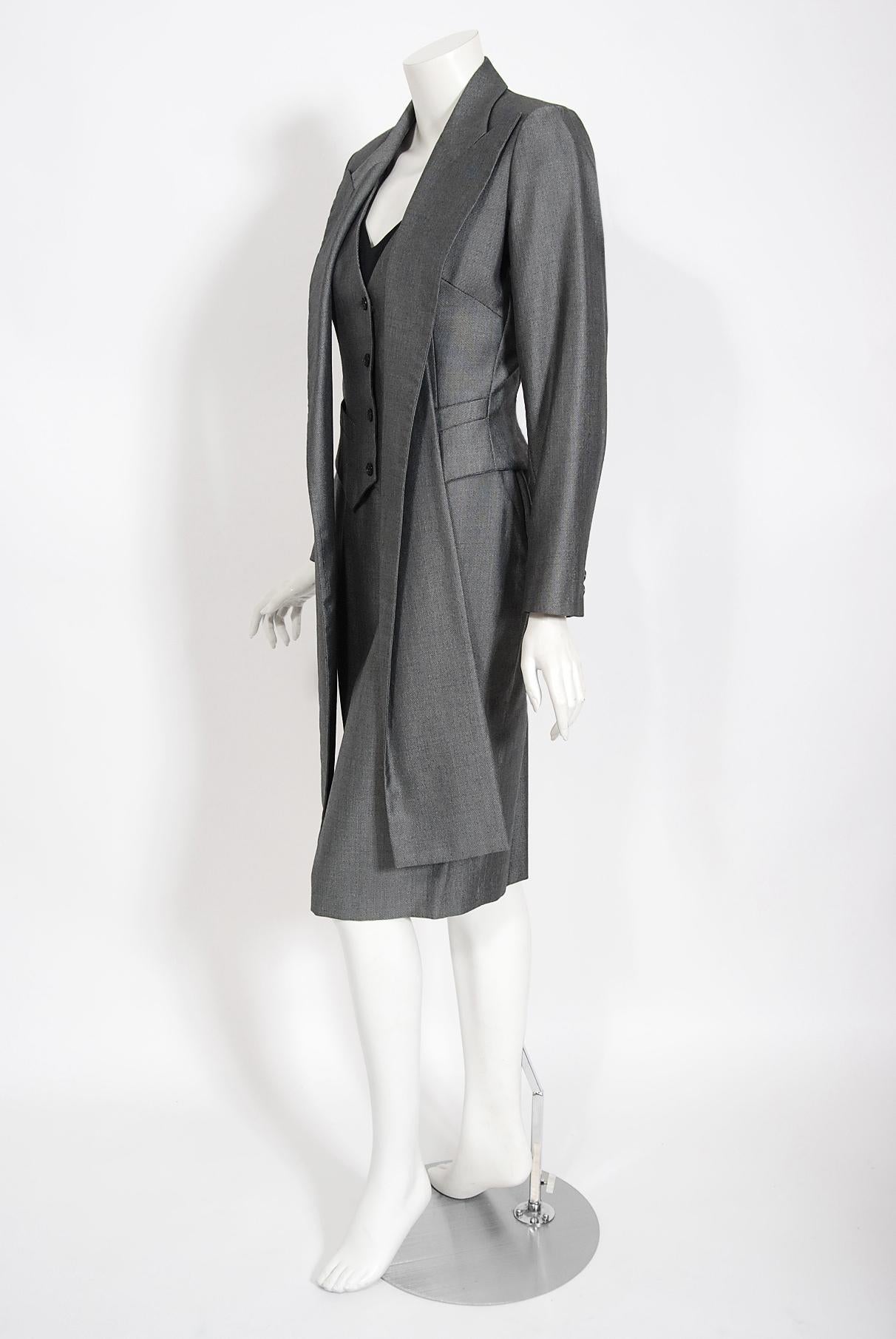 Vintage 1997 Alexander McQueen Gray Sharkskin Wool Hourglass Dress & Suit Jacket 2