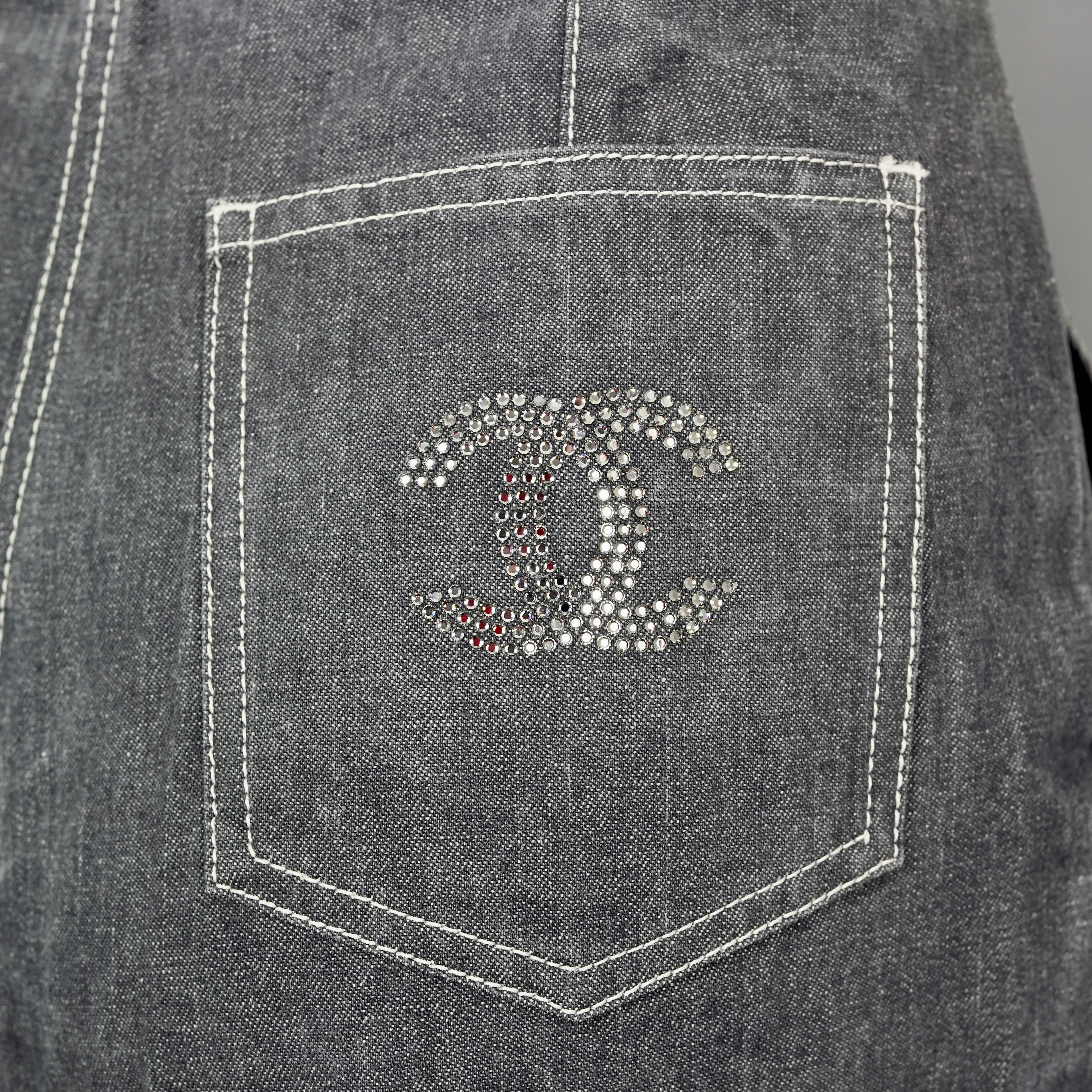 Vintage 2001 CHANEL Crystal CC Logo Flared Cargo Denim Pants

Measurements taken laid flat, please double waist, hips and hem:
Waist: 14.96 inches (38 cm)
Hips: 19.68 inches (50 cm)
Length: 46.06 inches (117 cm)
Flared Hem Width: 14.17 inches (36