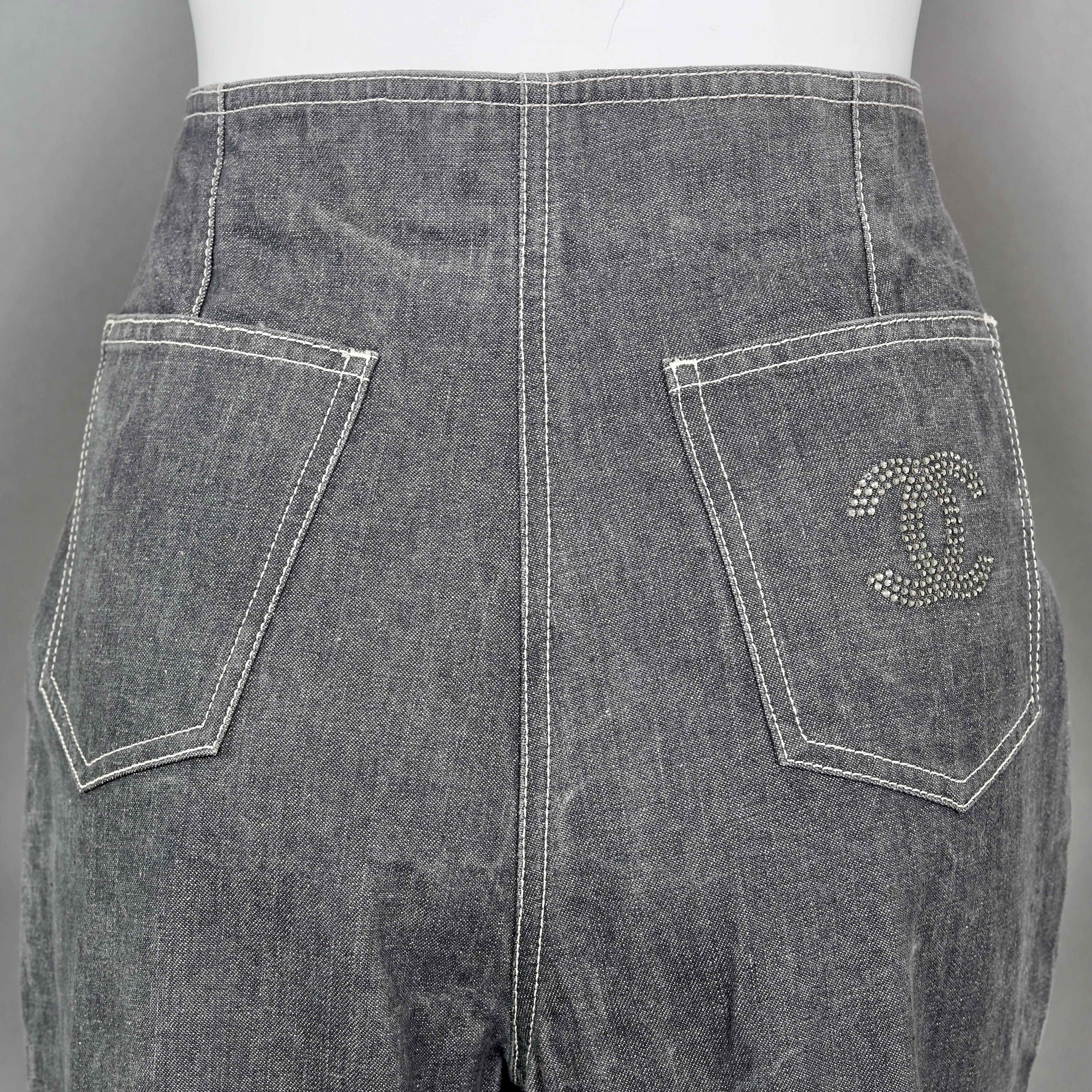 Vintage 2001 CHANEL Crystal CC Logo Flared Cargo Denim Pants For Sale 5