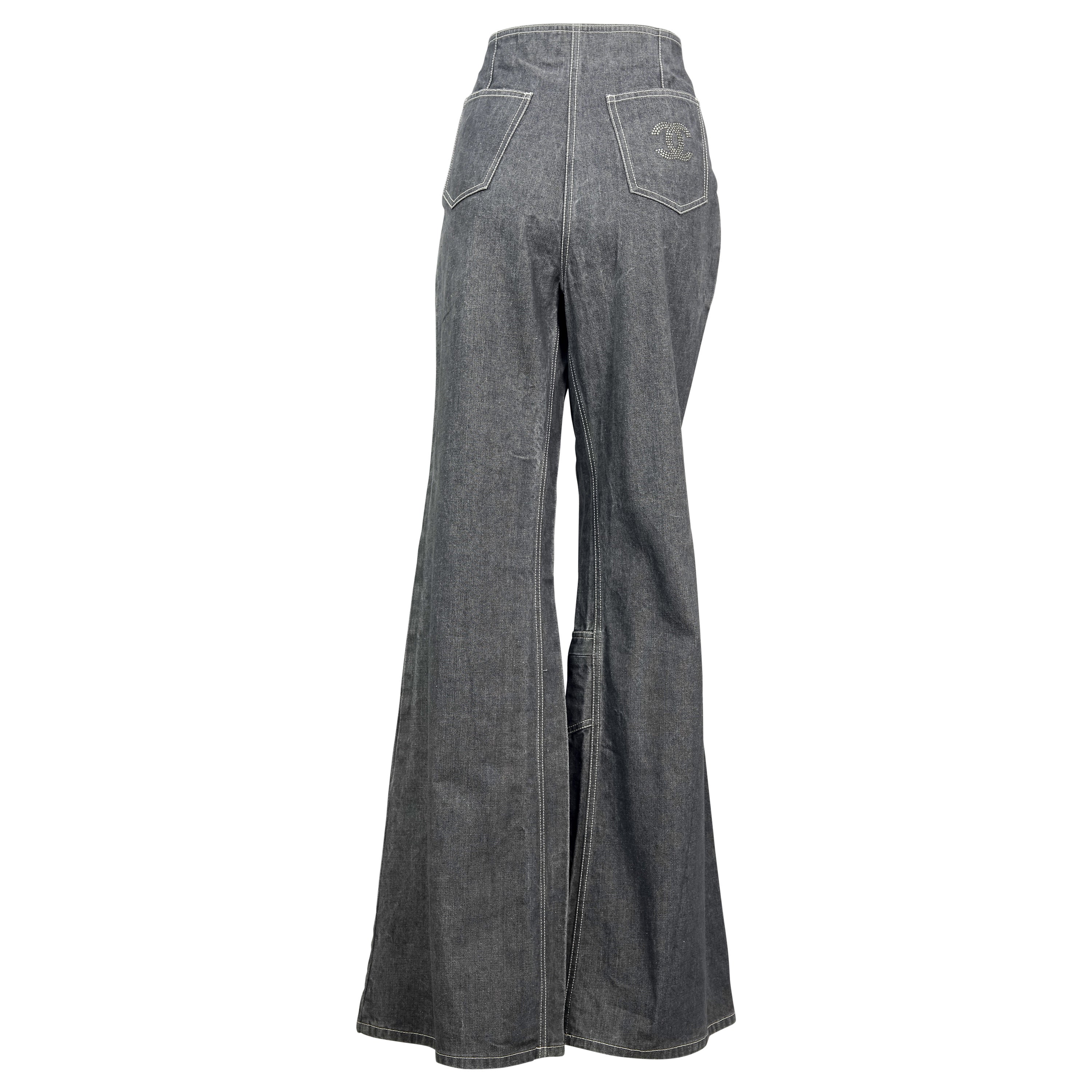 Pre-owned Chanel Vintage 2001  Crystal Cc Logo Flared Cargo Denim Pants In Gray
