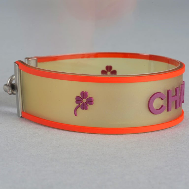 Vintage 2001 CHANEL Logo Camellia Orange Violet Rubber Cuff 