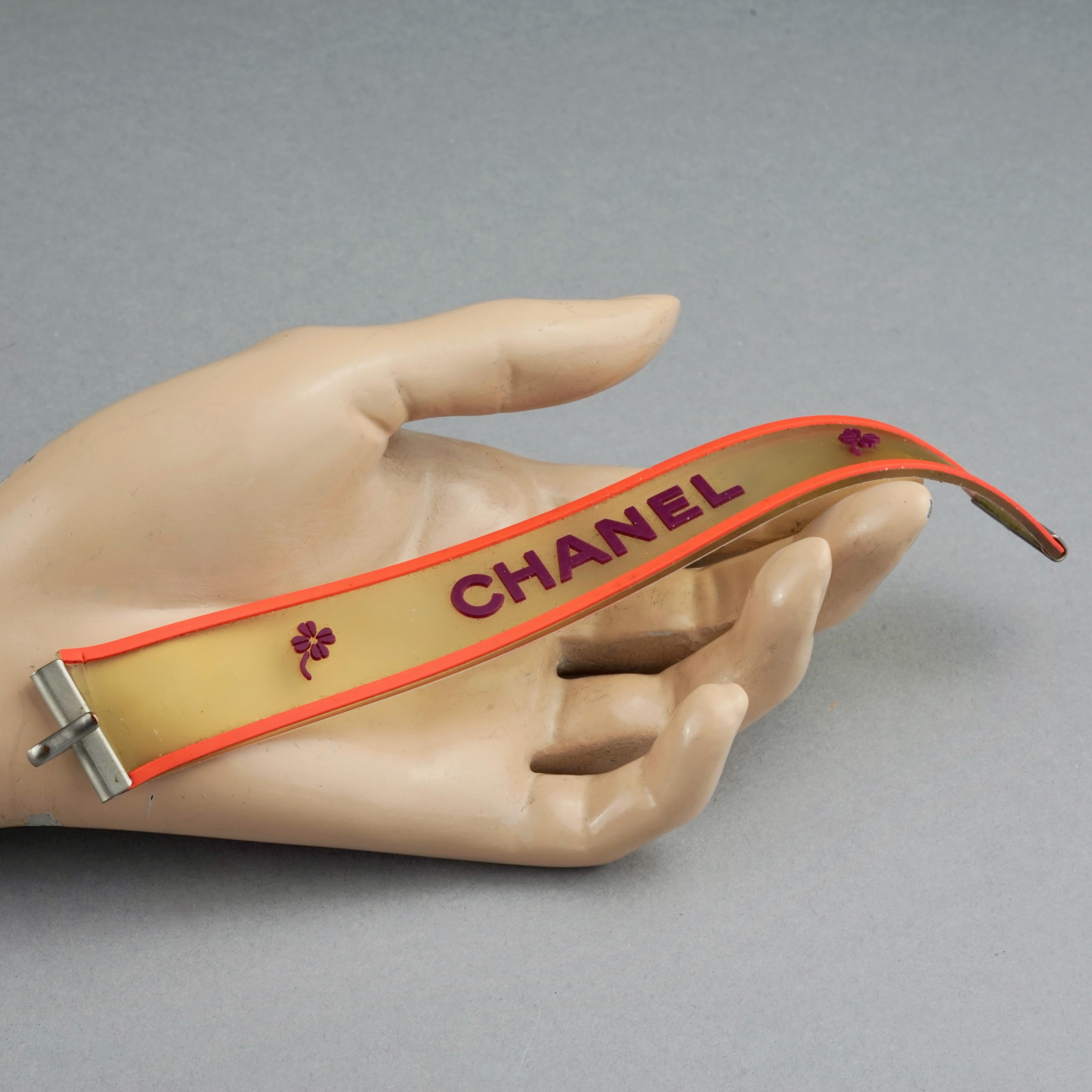 Vintage 2001 CHANEL Logo Camellia Orange Violet Rubber Cuff Bracelet For Sale 2