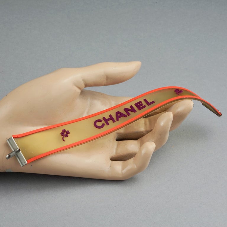 Vintage 2001 CHANEL Logo Camellia Orange Violet Rubber Cuff 